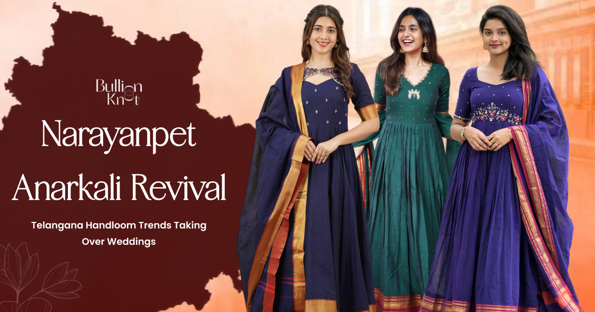 Narayanpet anarkali in blue-green handloom silk cotton — BullionKnot