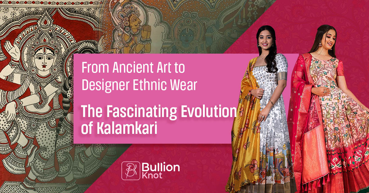 Women in vibrant Kalamkari outfits showcasing the art's evolution.