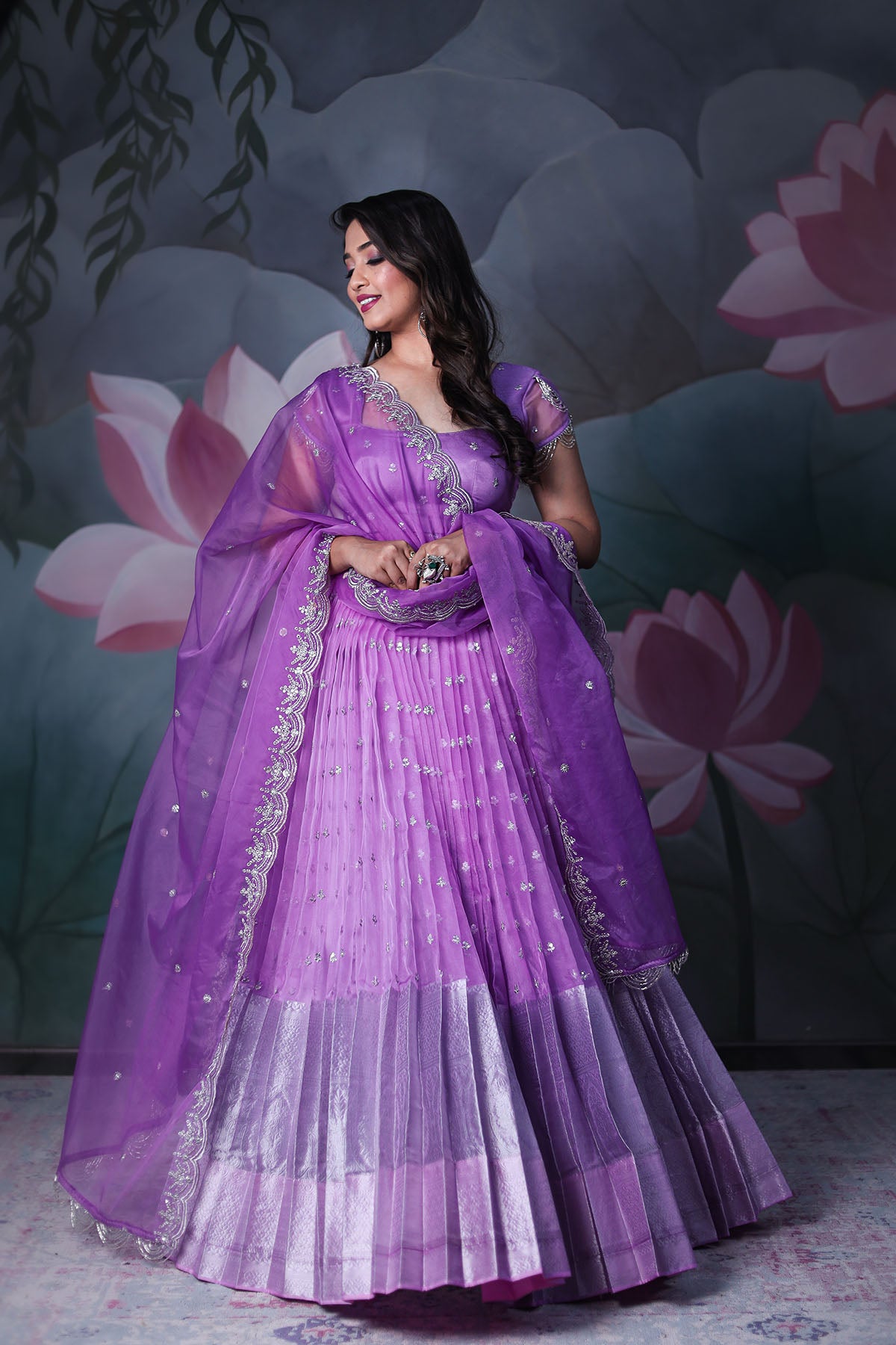 A model with violet Sumukti Organza Anarkali dress