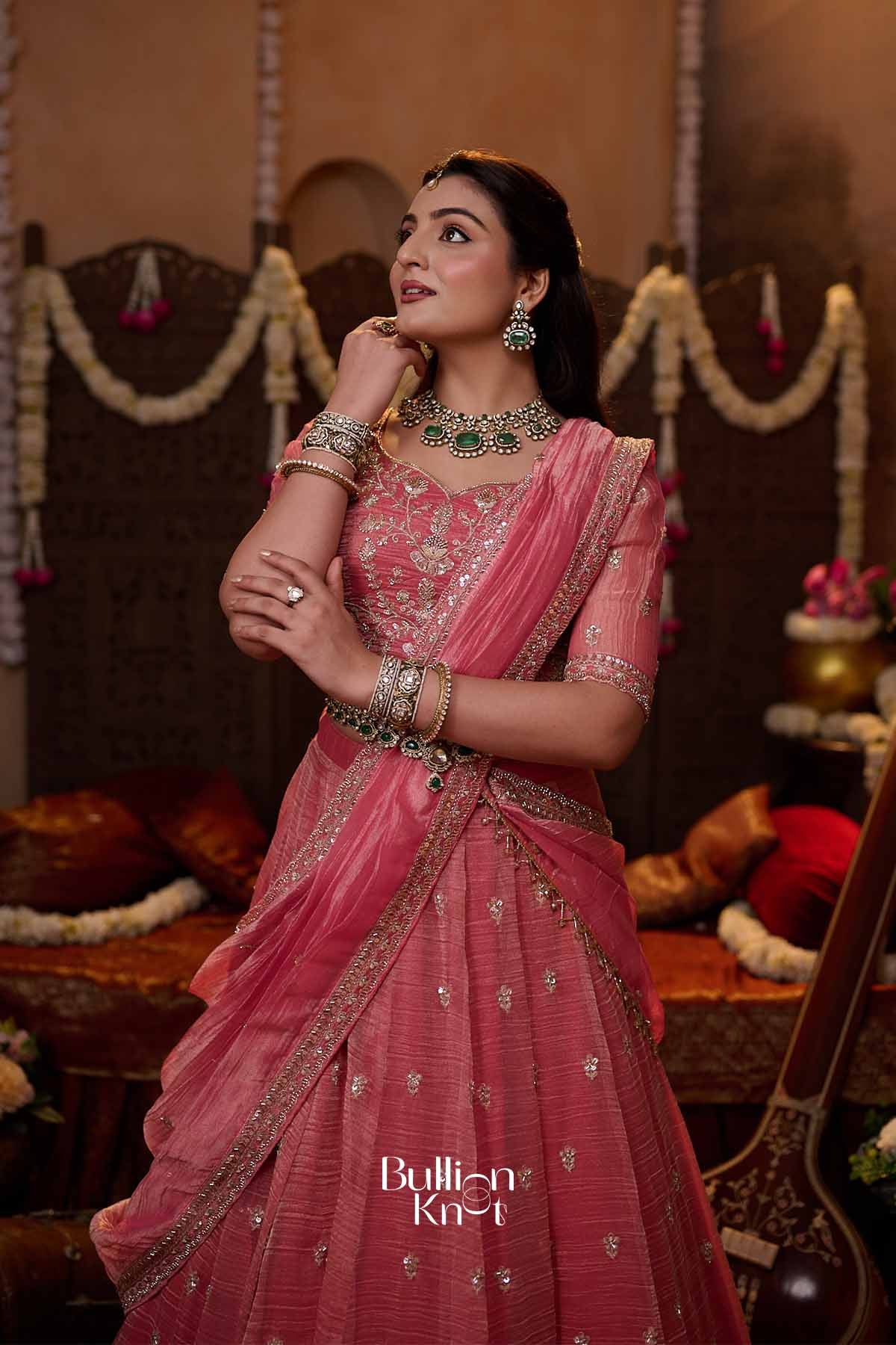 Shrija | Tissue Silk Zari Embroidered Rose Pink Pleated Lehenga Set for Weddings
