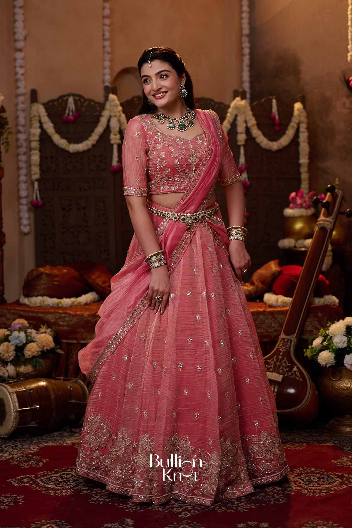 Shrija | Tissue Silk Zari Embroidered Rose Pink Pleated Lehenga Set for Weddings