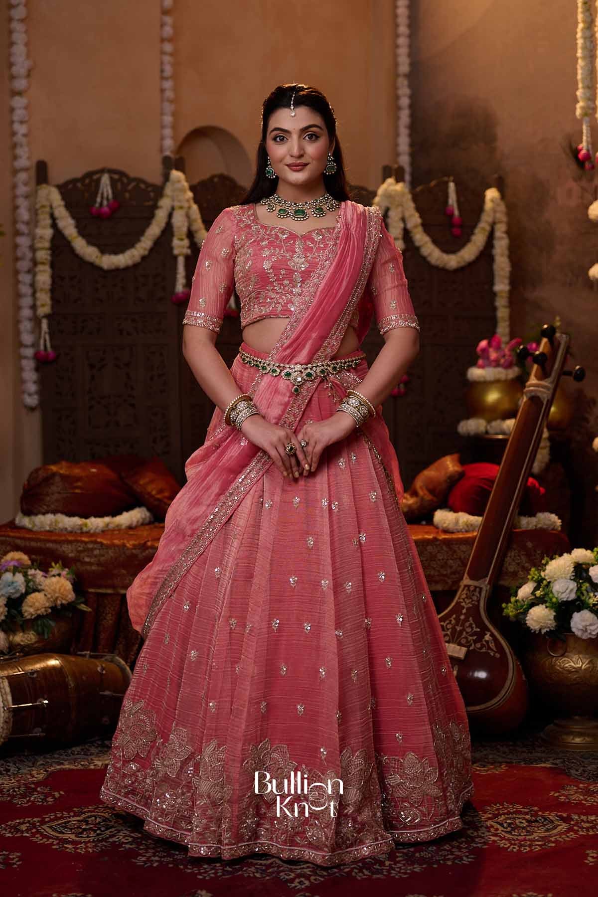 Shrija | Tissue Silk Zari Embroidered Rose Pink Pleated Lehenga Set for Weddings