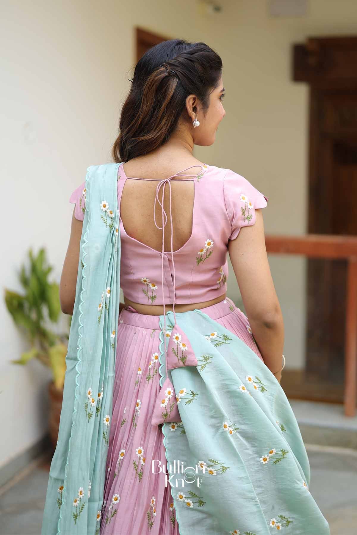 Gulabi Laher | Pure Mul Chanderi Pastel Pink Lehenga Set with Sea Green Dupatta for Traditional Pujas