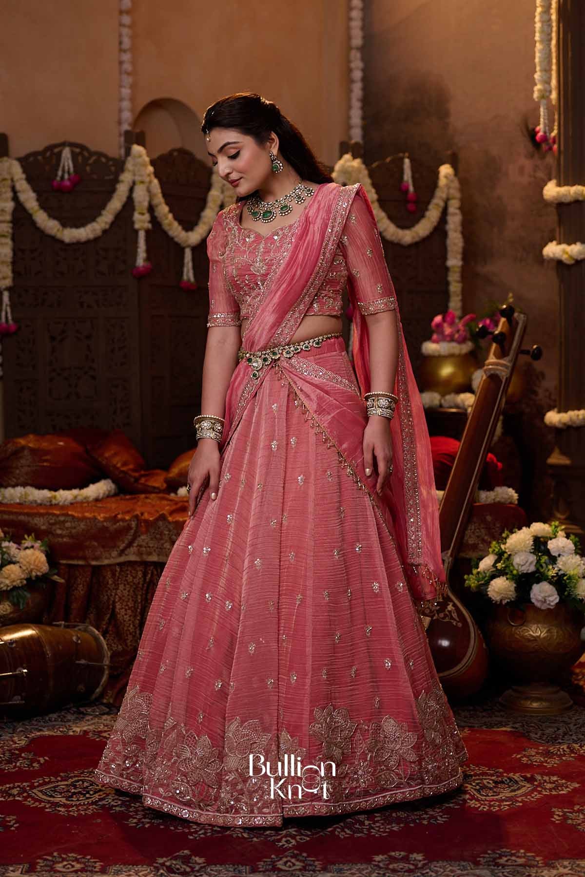 Shrija | Tissue Silk Zari Embroidered Rose Pink Pleated Lehenga Set for Weddings