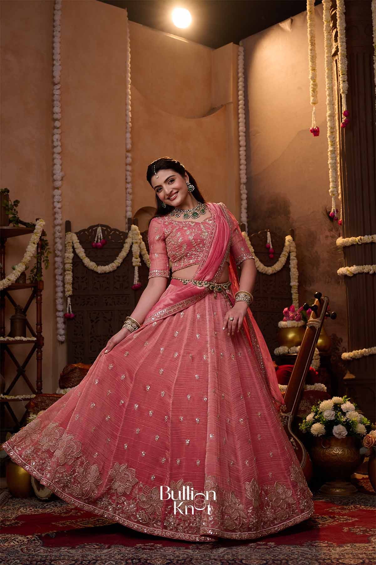 Shrija | Tissue Silk Zari Embroidered Rose Pink Pleated Lehenga Set for Weddings
