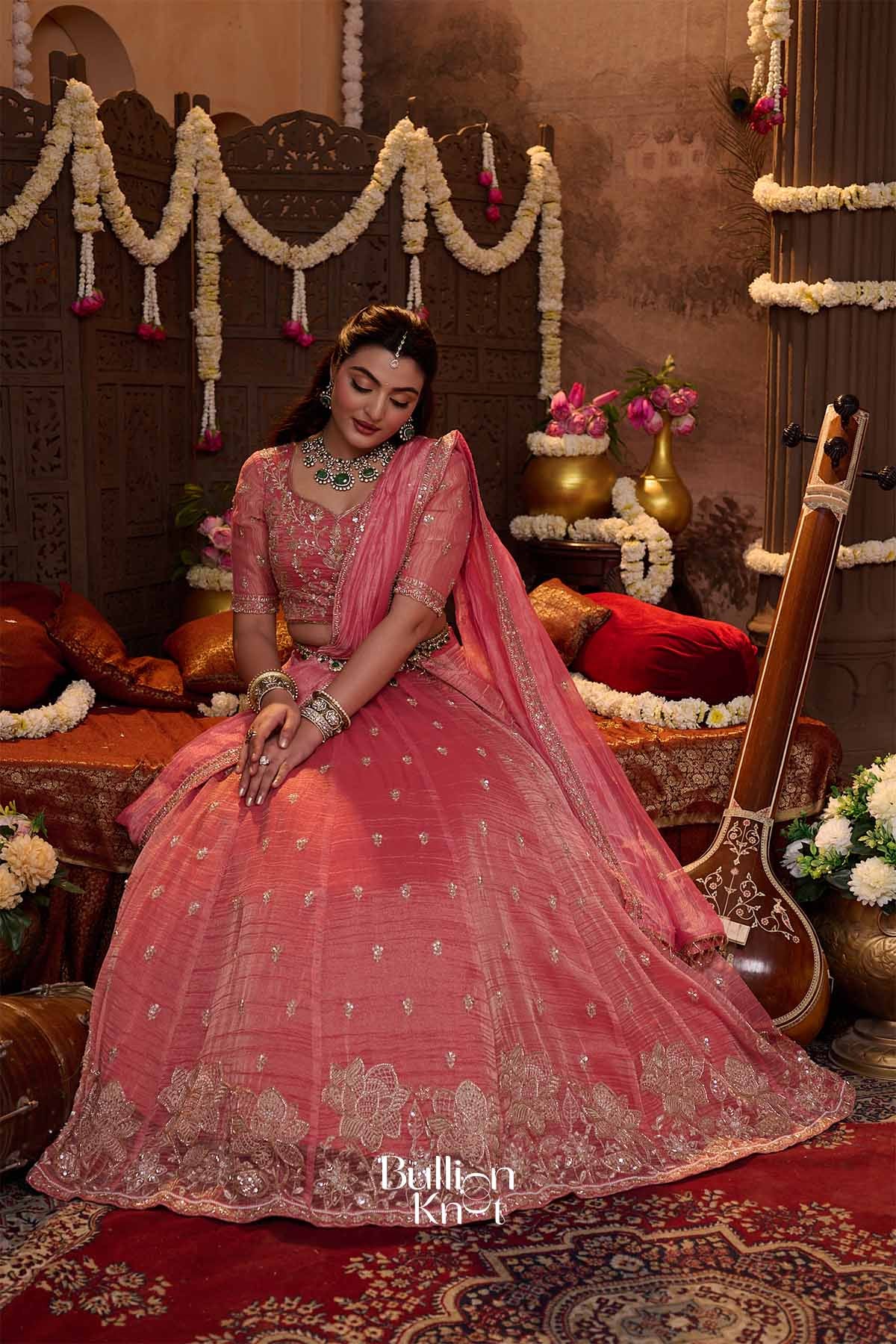 Shrija | Tissue Silk Zari Embroidered Rose Pink Pleated Lehenga Set for Weddings