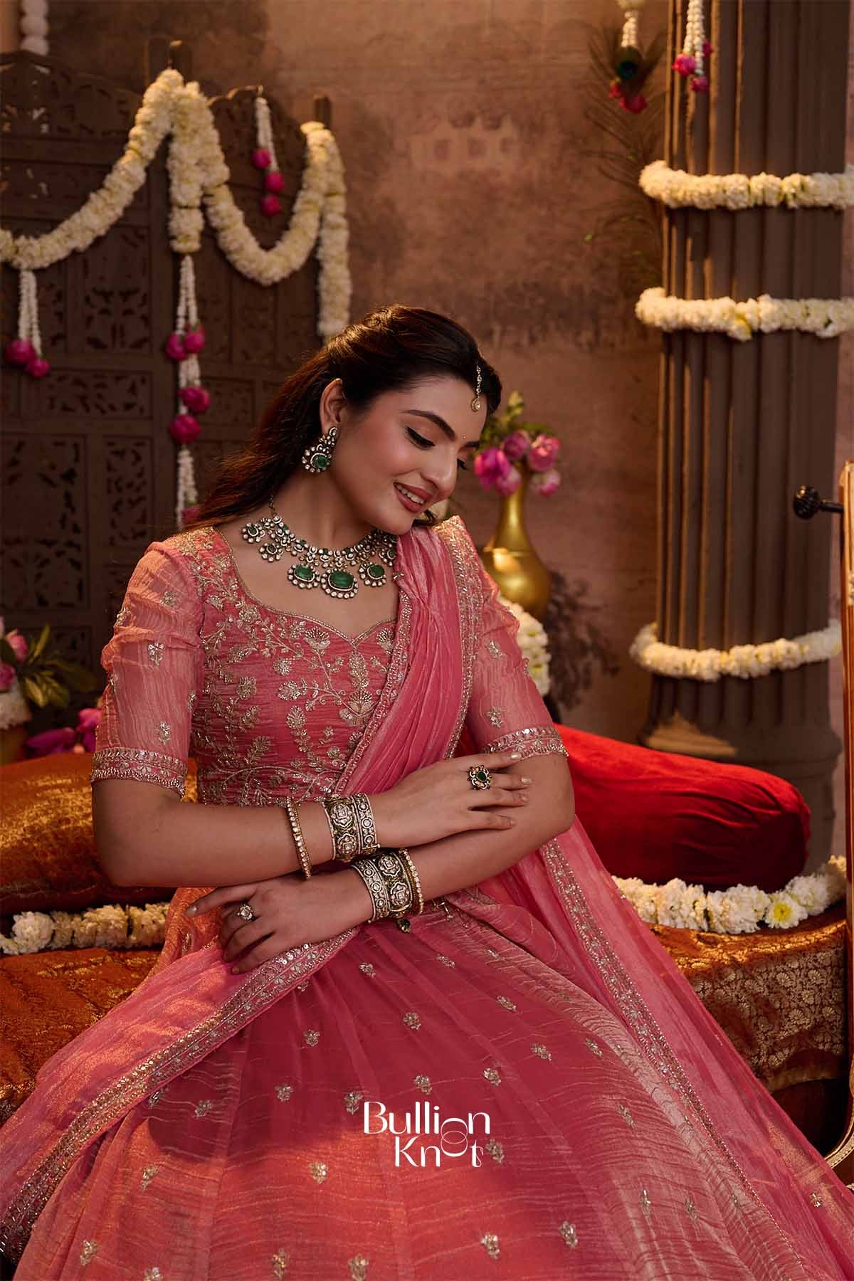 Shrija | Tissue Silk Zari Embroidered Rose Pink Pleated Lehenga Set for Weddings