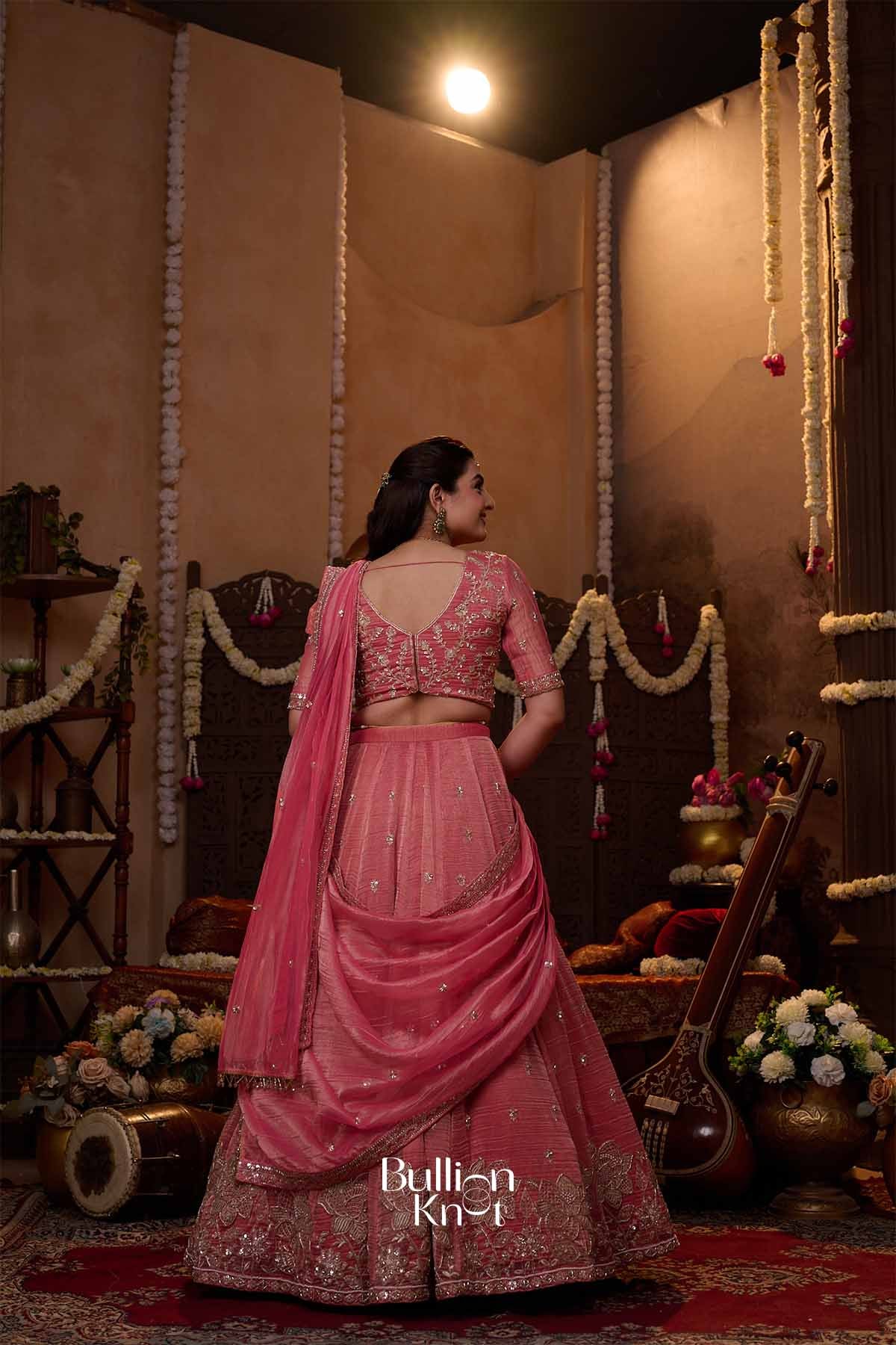 Shrija | Tissue Silk Zari Embroidered Rose Pink Pleated Lehenga Set for Weddings