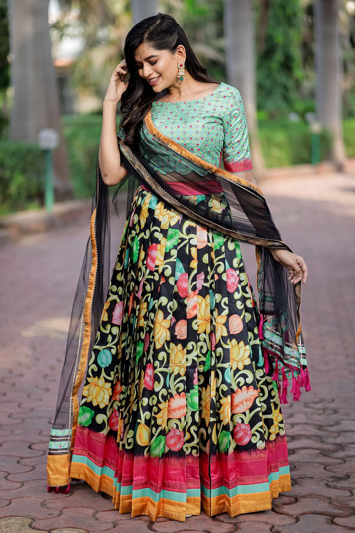 a woman in Black, Turquoise Sudha Crop top Set - Bullionknot