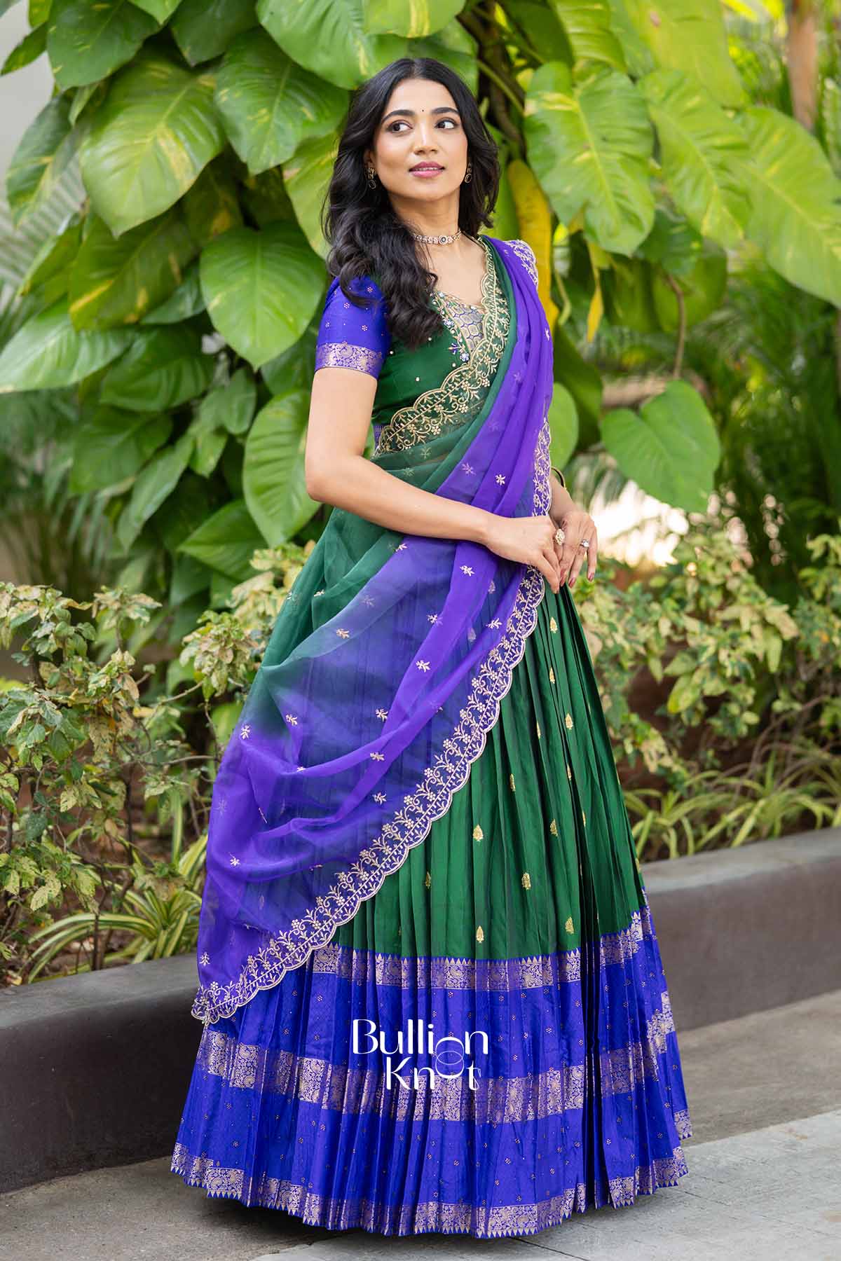 Firoza | Pure Silk Zari Weave Forest Green Half Saree Lehenga Set with Blue Dupatta