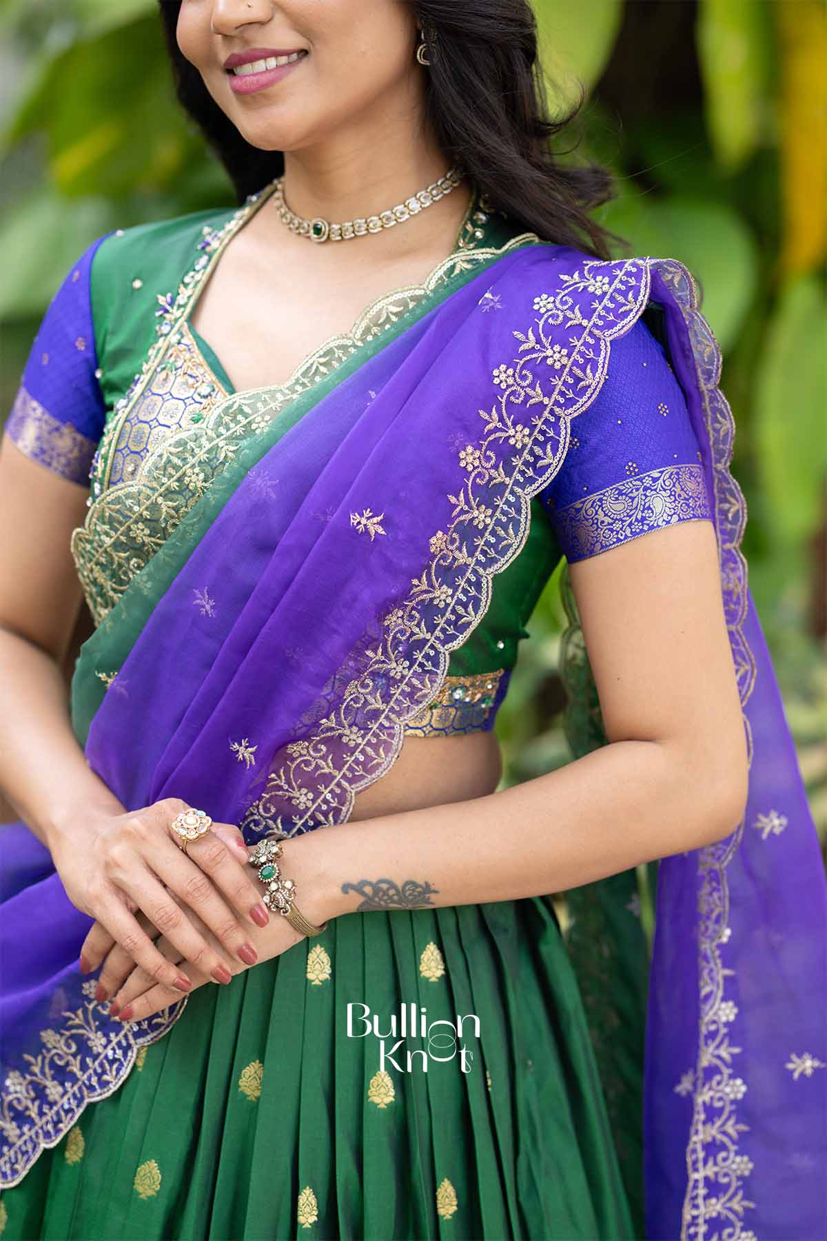 Firoza | Pure Silk Zari Weave Forest Green Half Saree Lehenga Set with Blue Dupatta