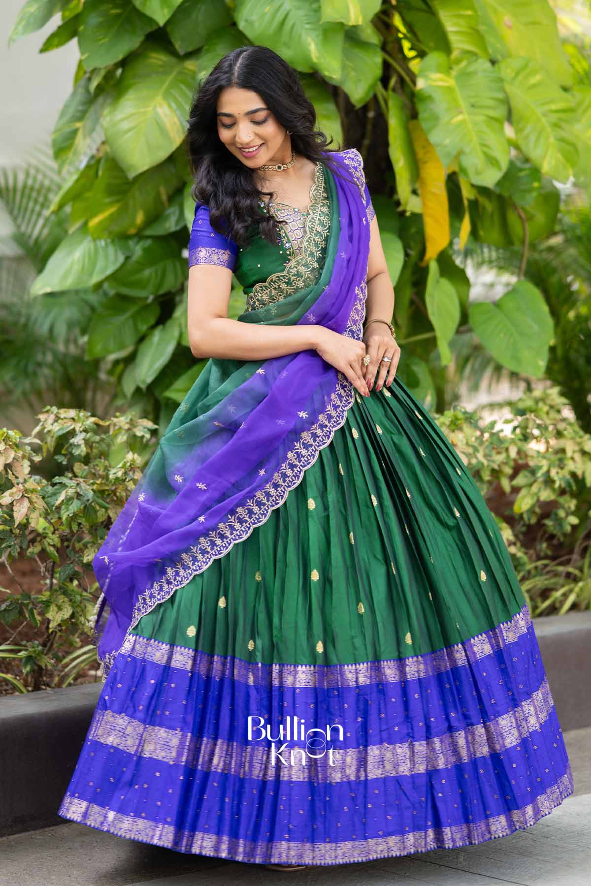 Firoza | Pure Silk Zari Weave Forest Green Half Saree Lehenga Set with Blue Dupatta