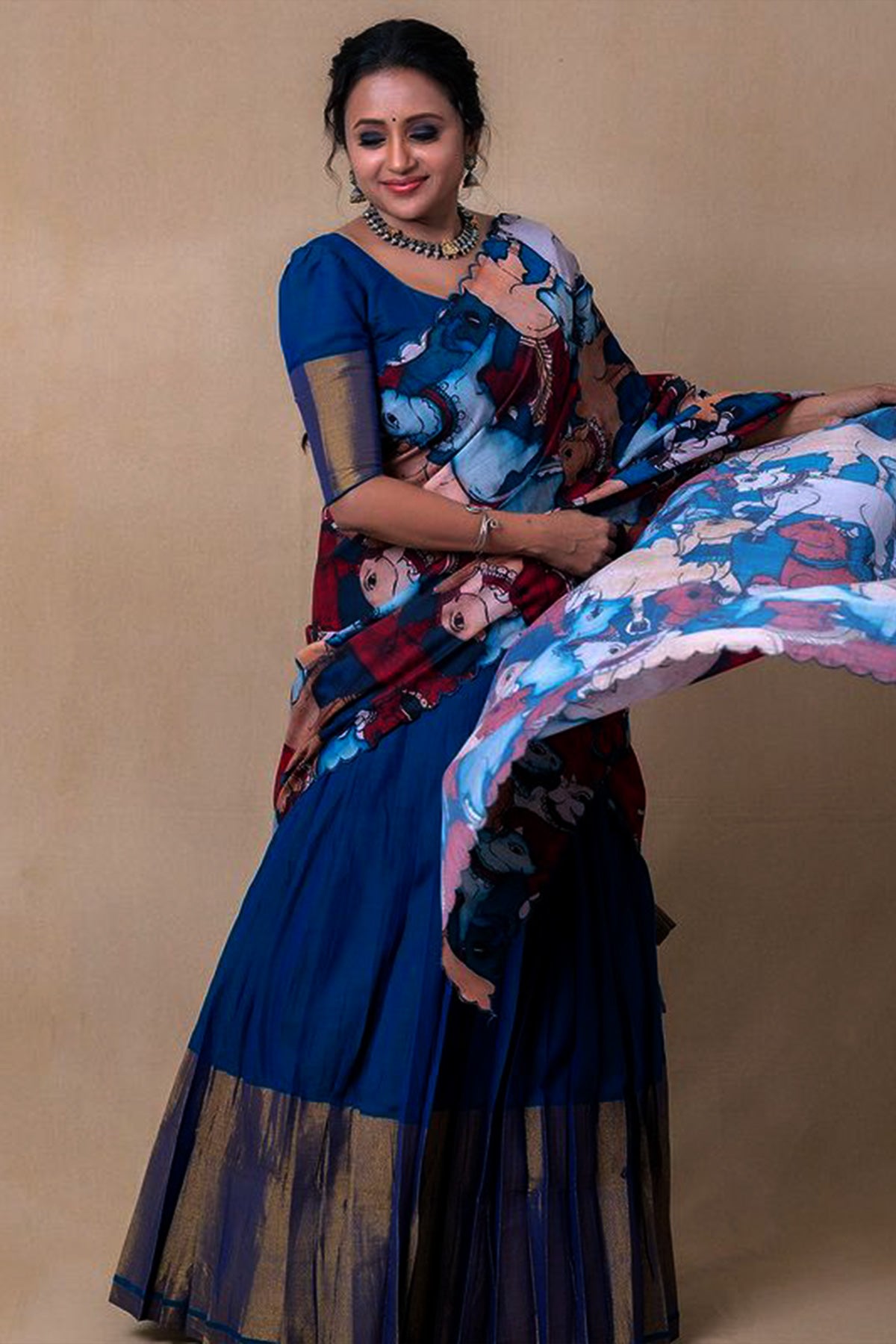 a women with dark blue half saree with cotton embroidery cutwork dupatta from Bullionknot