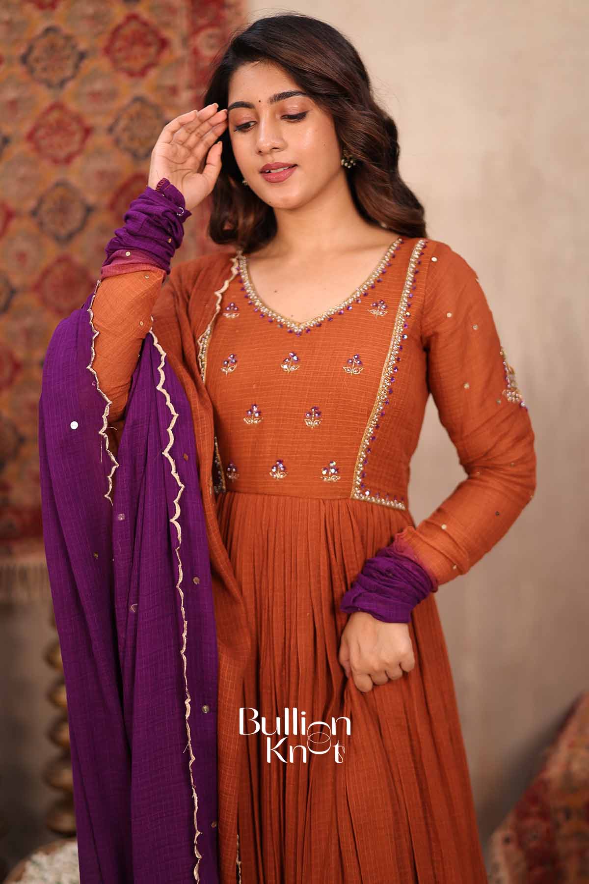 Tamra Bahar | Brown Handloom Cotton Anarkali Set | Elegant Occasion Wear