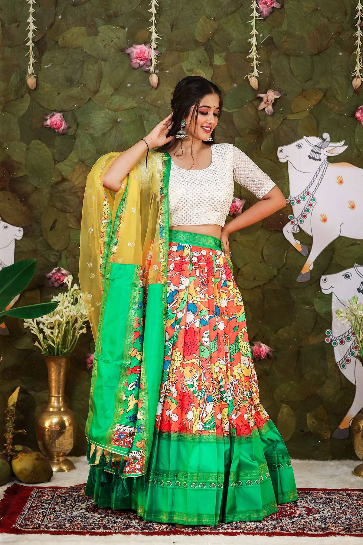 white parrot green and red half saree online at Bullionknot