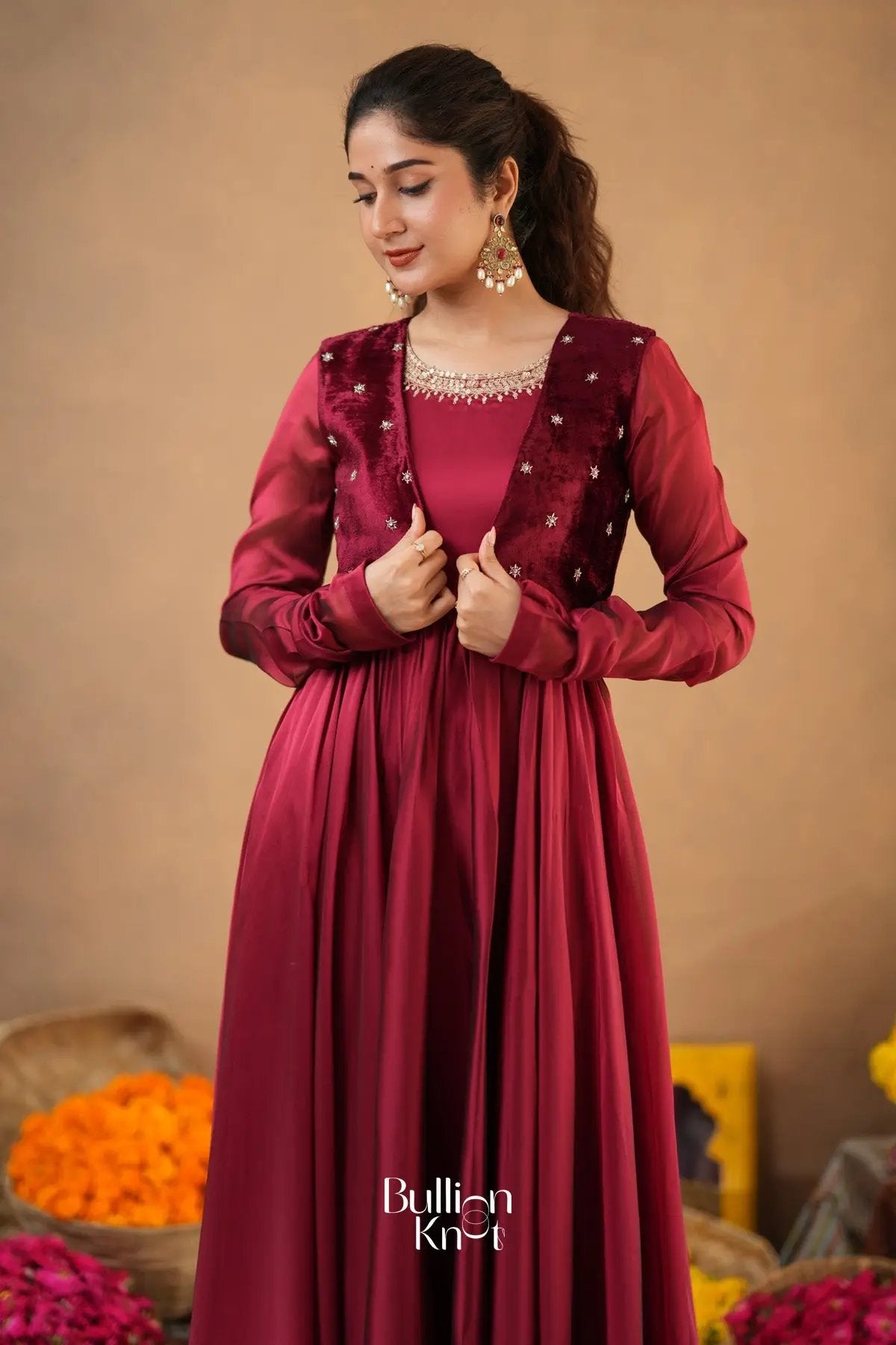 Monica Red 4-In-1 Anarkali With Jacket Suite Set