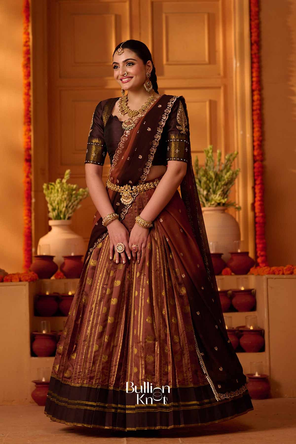 Anokhi | Banarasi Brocade Metallic Copper Brown Pleated Lehenga Set for Traditional Celebrations