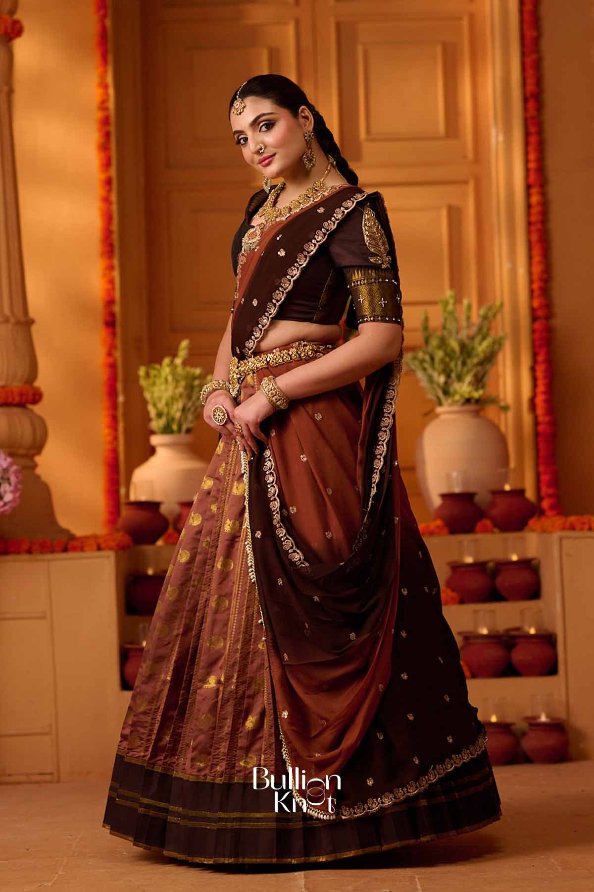 Anokhi | Banarasi Brocade Metallic Copper Brown Pleated Lehenga Set for Traditional Celebrations