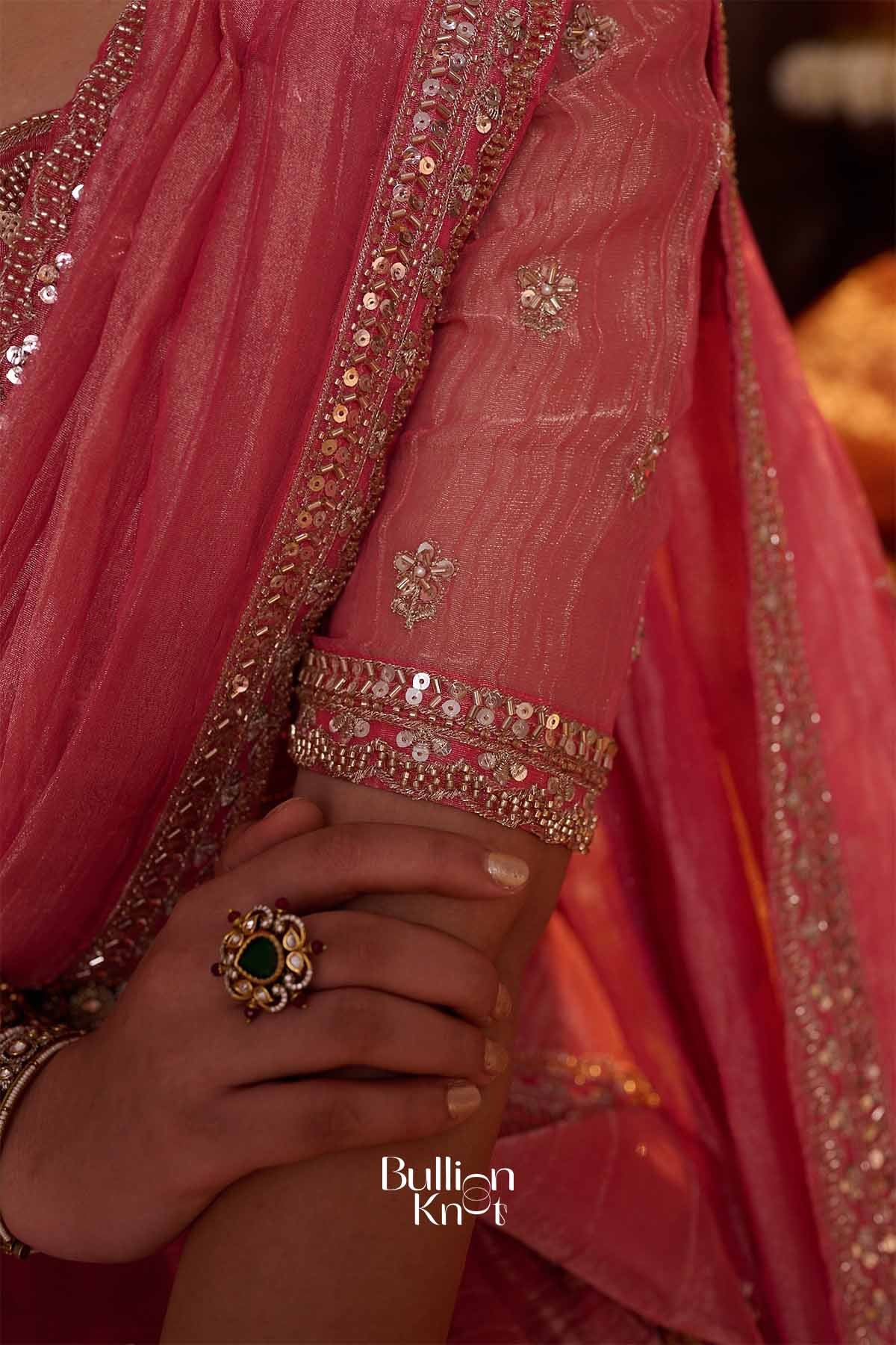 Shrija | Tissue Silk Zari Embroidered Rose Pink Pleated Lehenga Set for Weddings