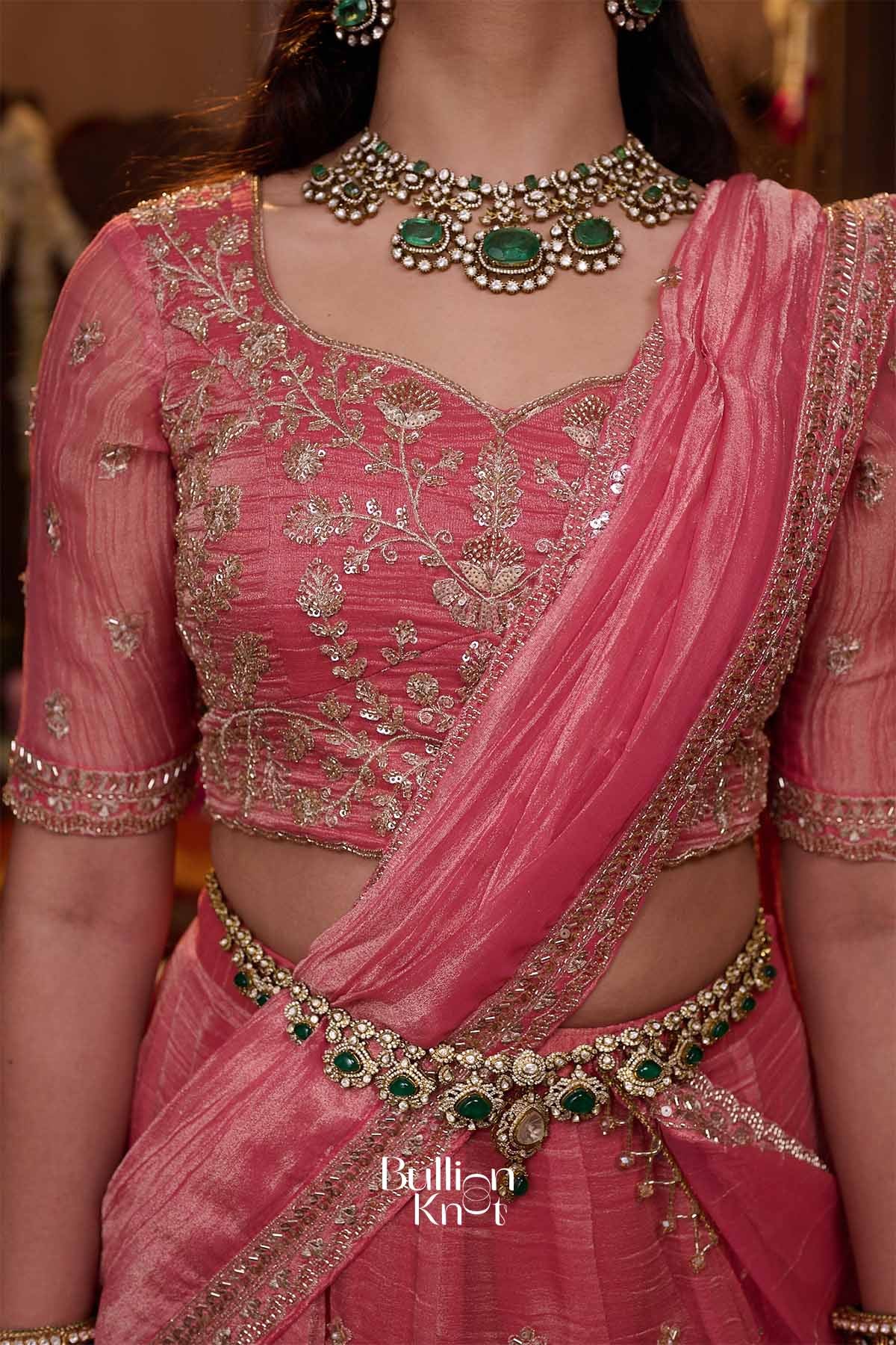 Shrija | Tissue Silk Zari Embroidered Rose Pink Pleated Lehenga Set for Weddings