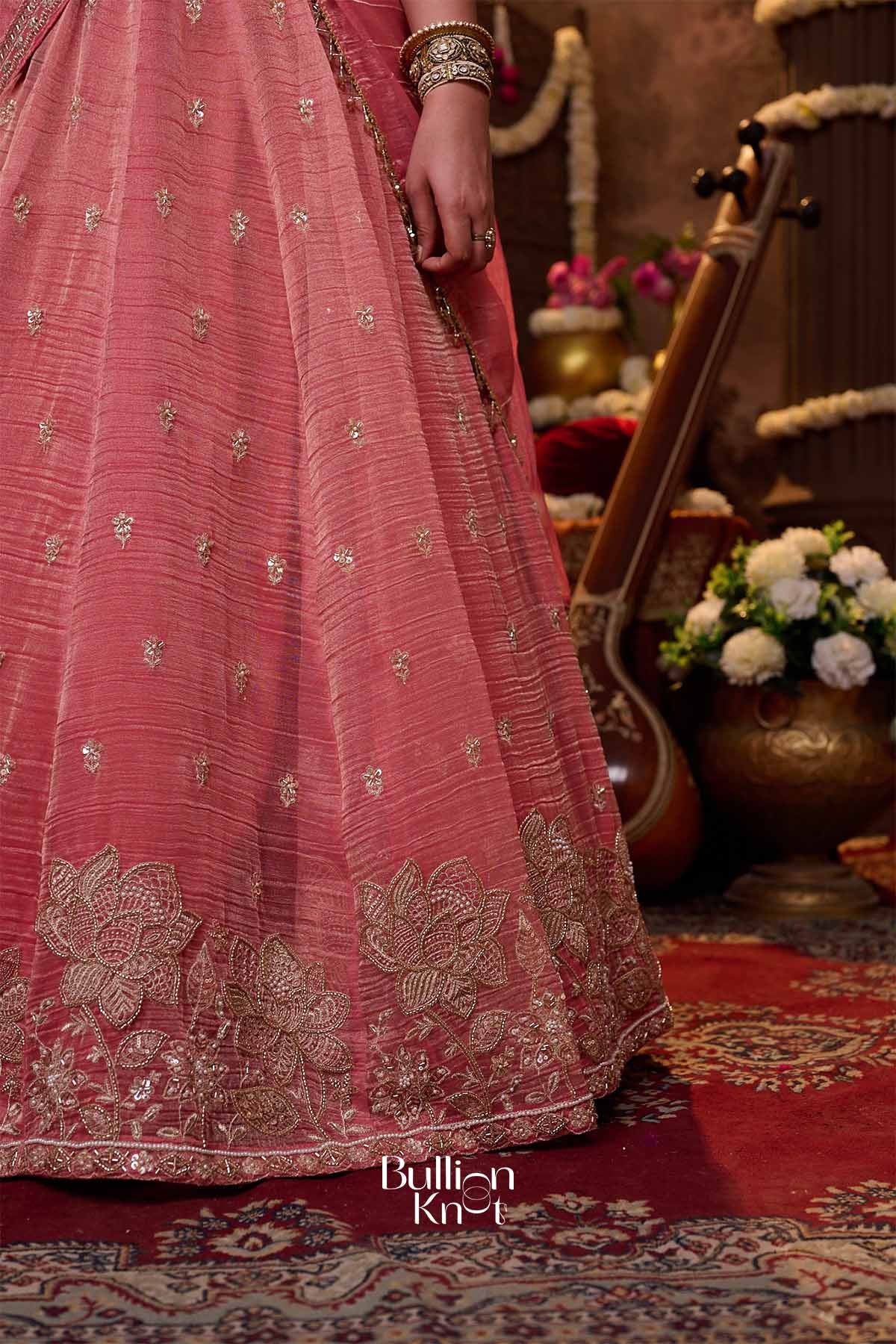 Shrija | Tissue Silk Zari Embroidered Rose Pink Pleated Lehenga Set for Weddings