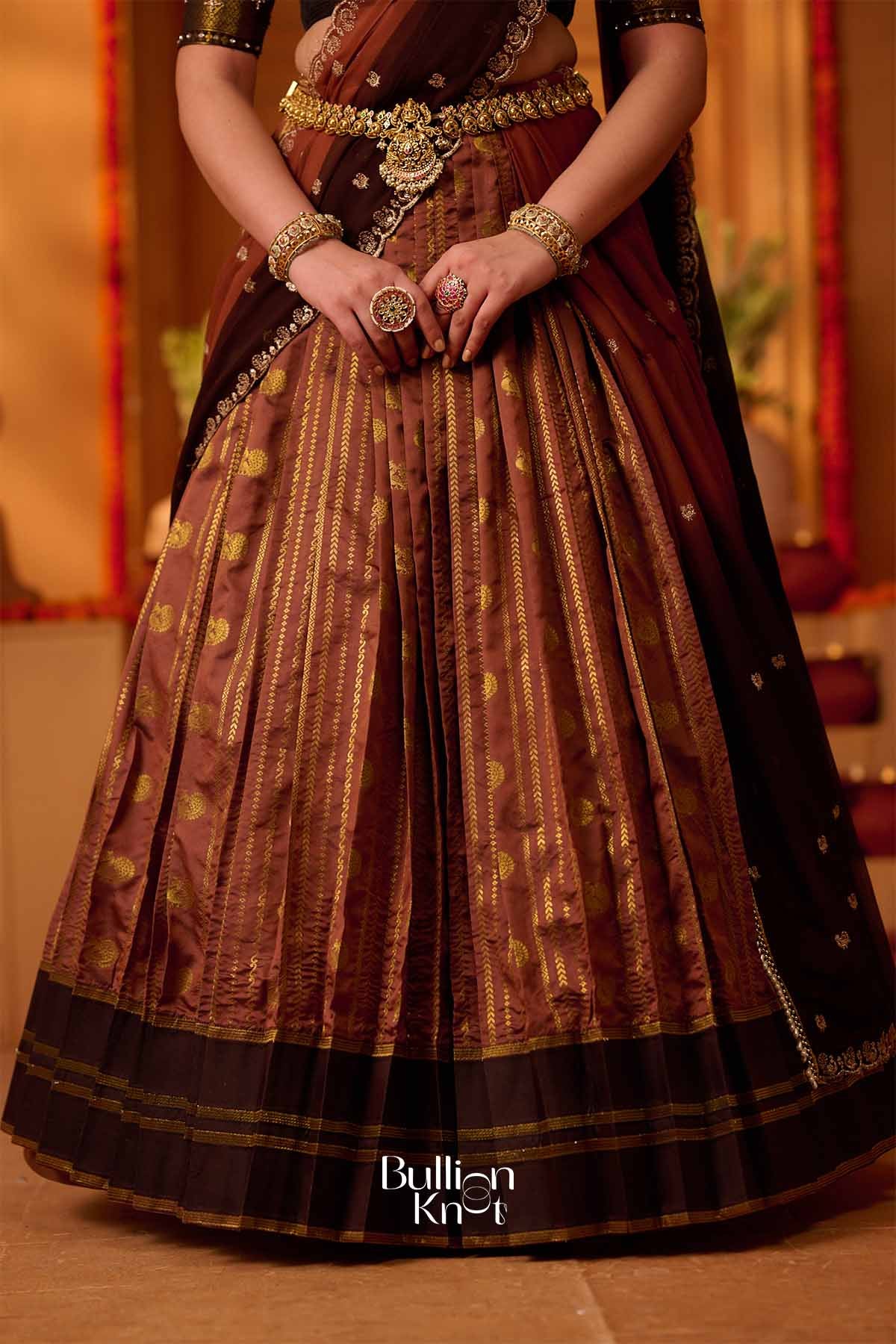 Anokhi | Banarasi Brocade Metallic Copper Brown Pleated Lehenga Set for Traditional Celebrations