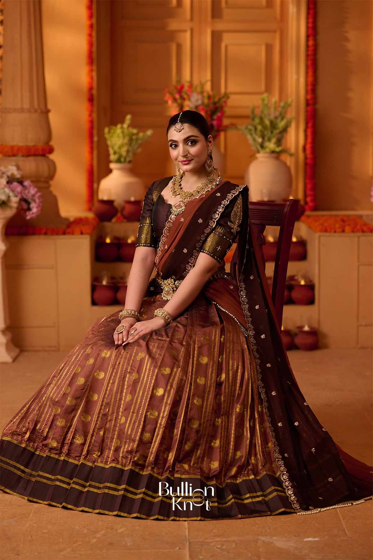 Anokhi | Banarasi Brocade Metallic Copper Brown Pleated Lehenga Set for Traditional Celebrations
