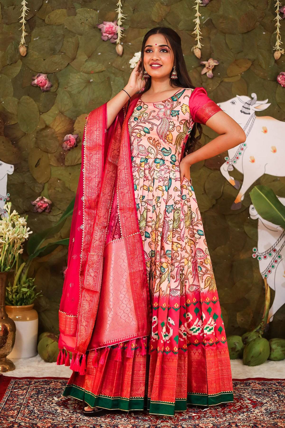 Model wearing Eshwaritha Banarasi Dress, vibrant patterns