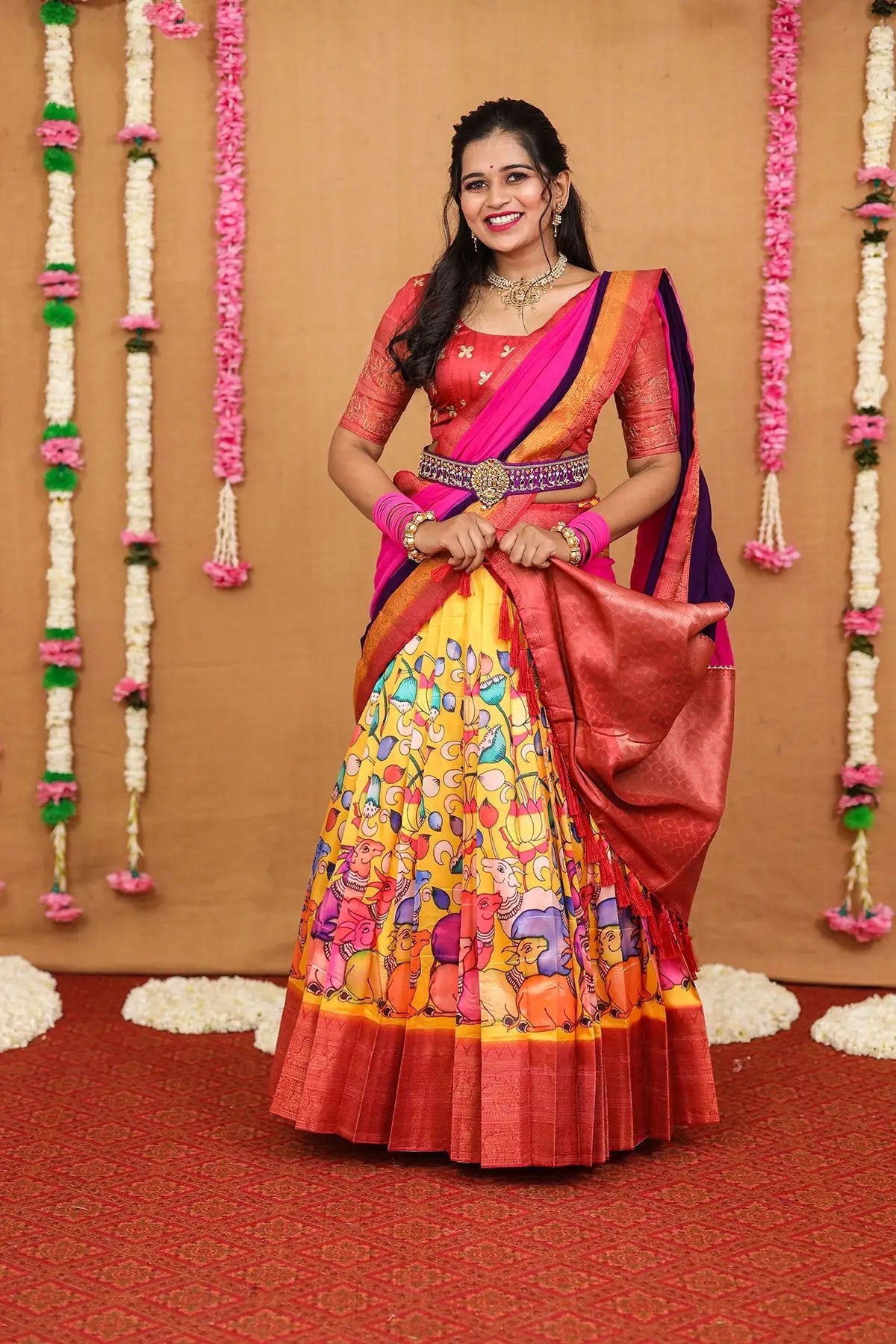 a woman in Pink, Yellow, Purple Ekapranika Banarasi Silk Half Saree - Bullionknot