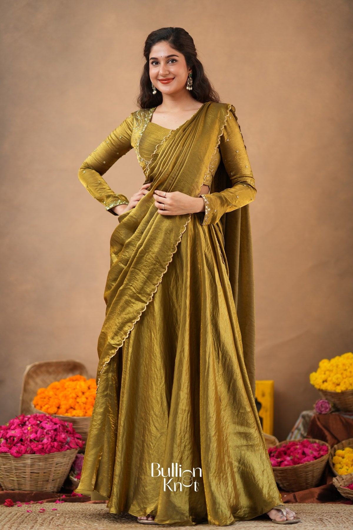 Stylista 2-In-1 Indo Western In Olive Gold