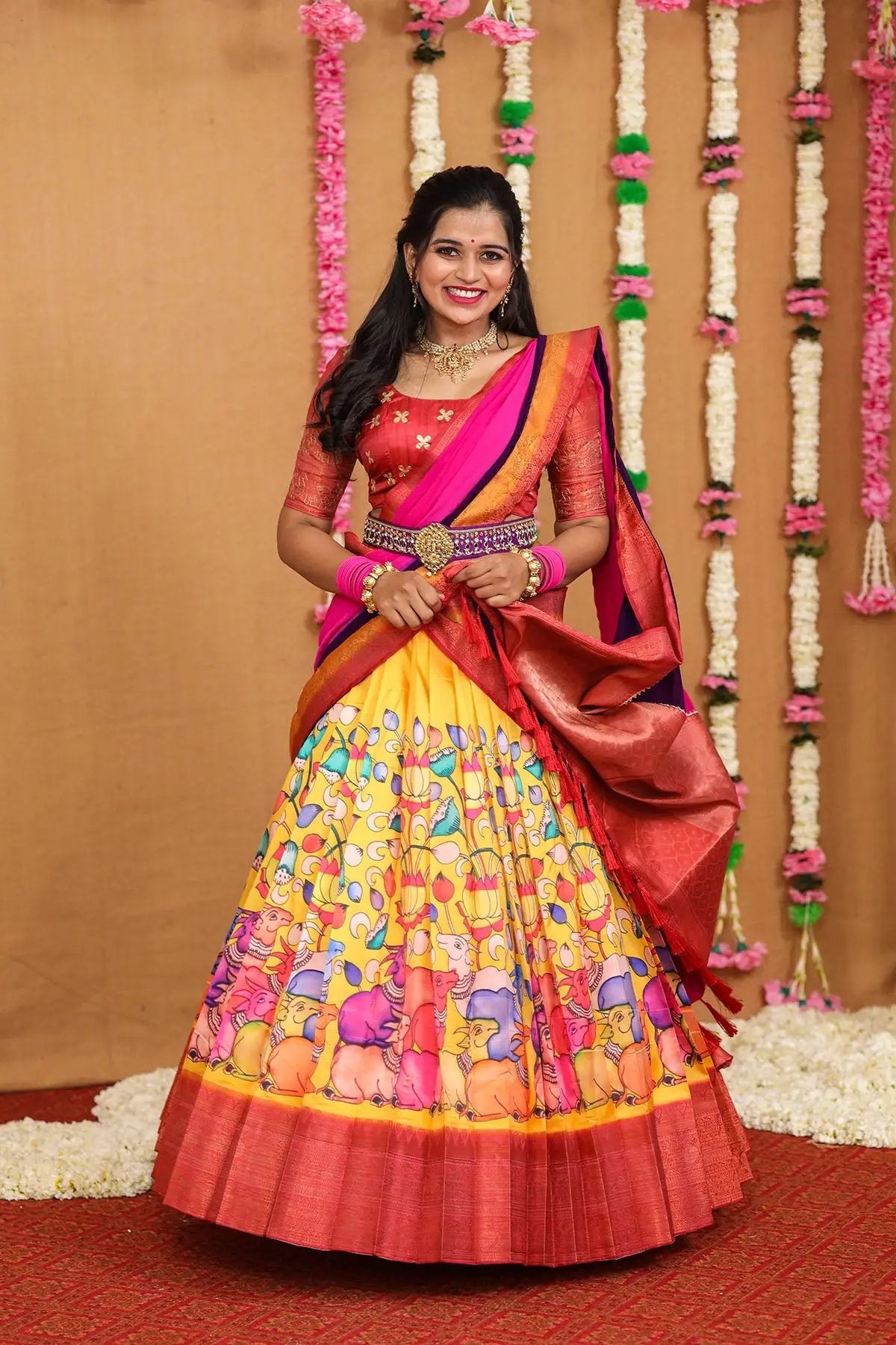 a woman in Pink, Yellow, Purple Ekapranika Half Saree - Bullionknot