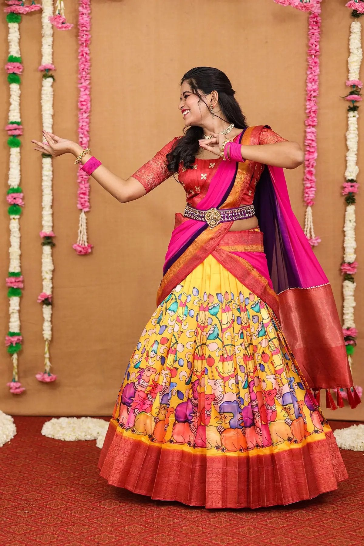 Pink, Yellow, Purple Ekapranika Half Saree - Bullionknot