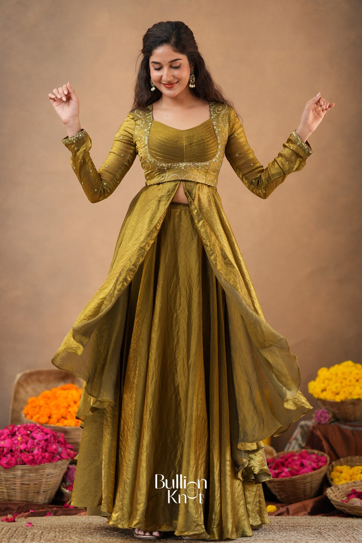 Stylista 2 In 1 Indo Western Olive in Glass Tissue