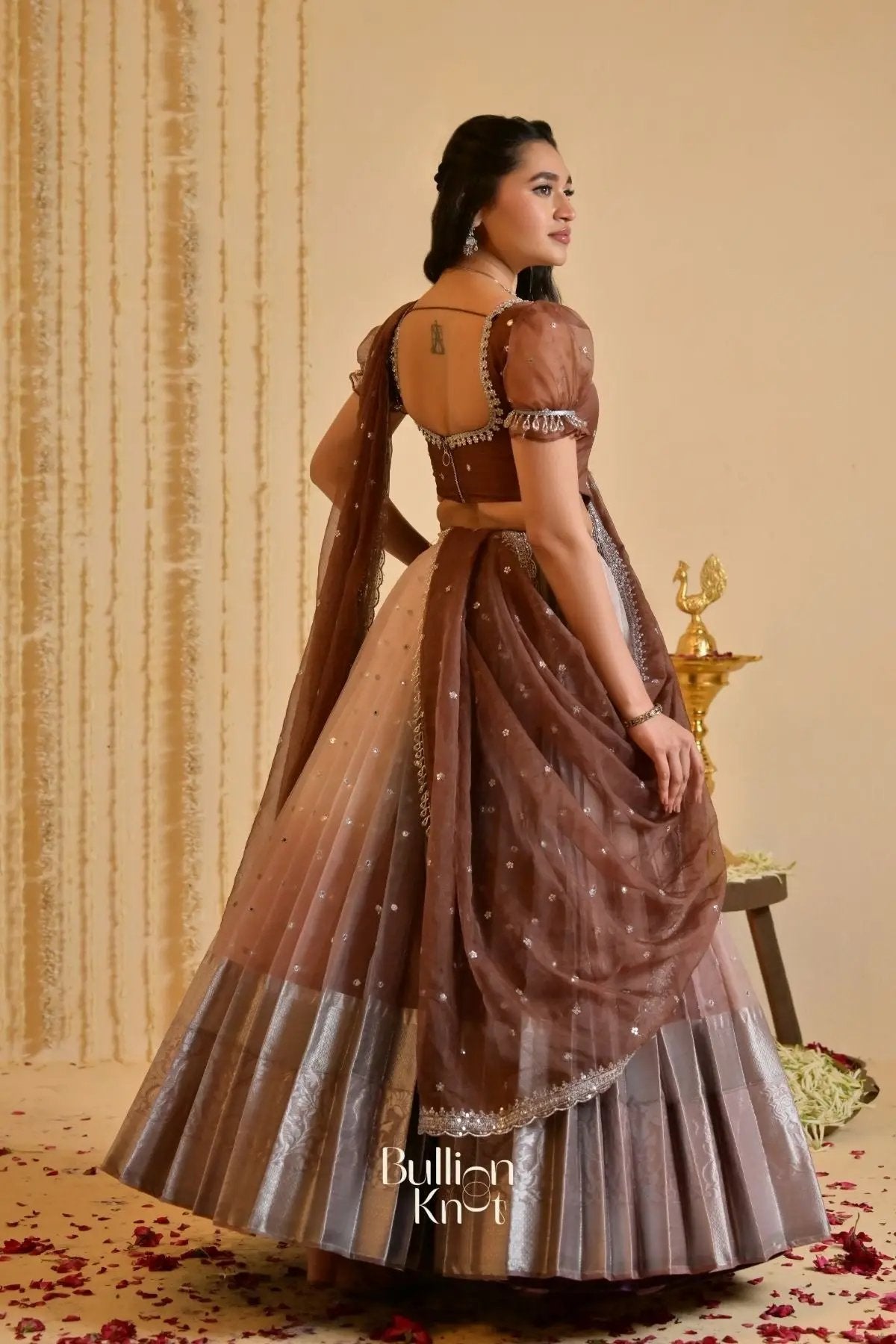 Shabdika Brown mirror work organza Lehenga Set