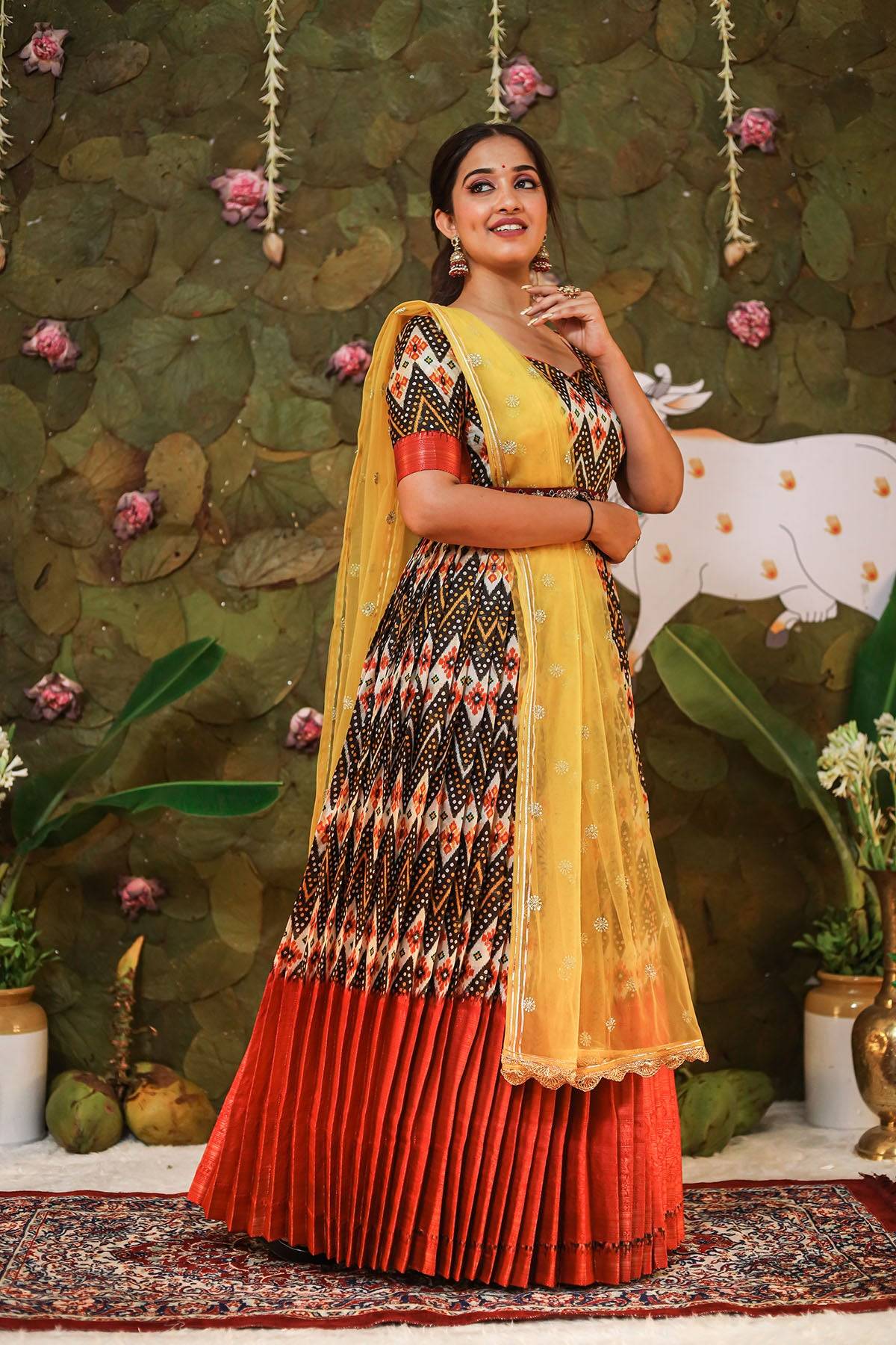 black, maroon and yellow banarasi silk dress