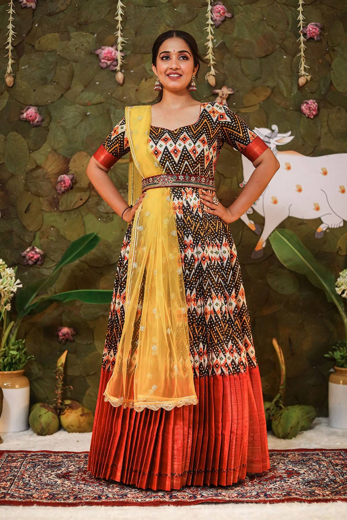 black maroon yellow kalamkari dress