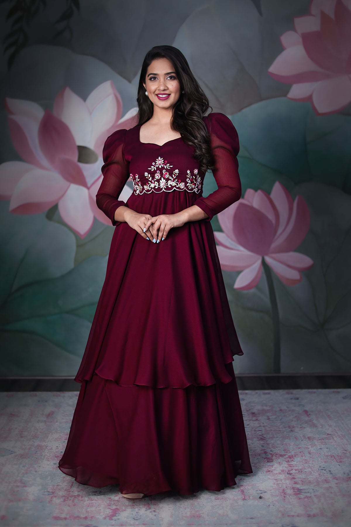 women with dark red maroon color Chaheli Party Wear Gown from Bullionknot