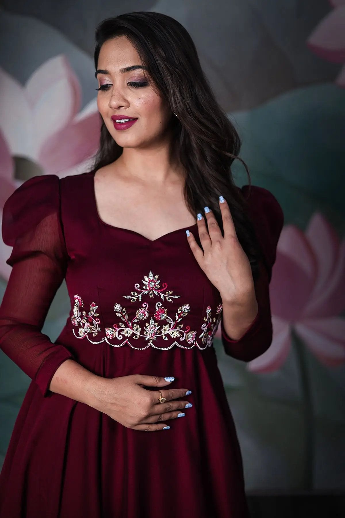 model with wine color Chaheli Party Wear Gown from Bullionknot