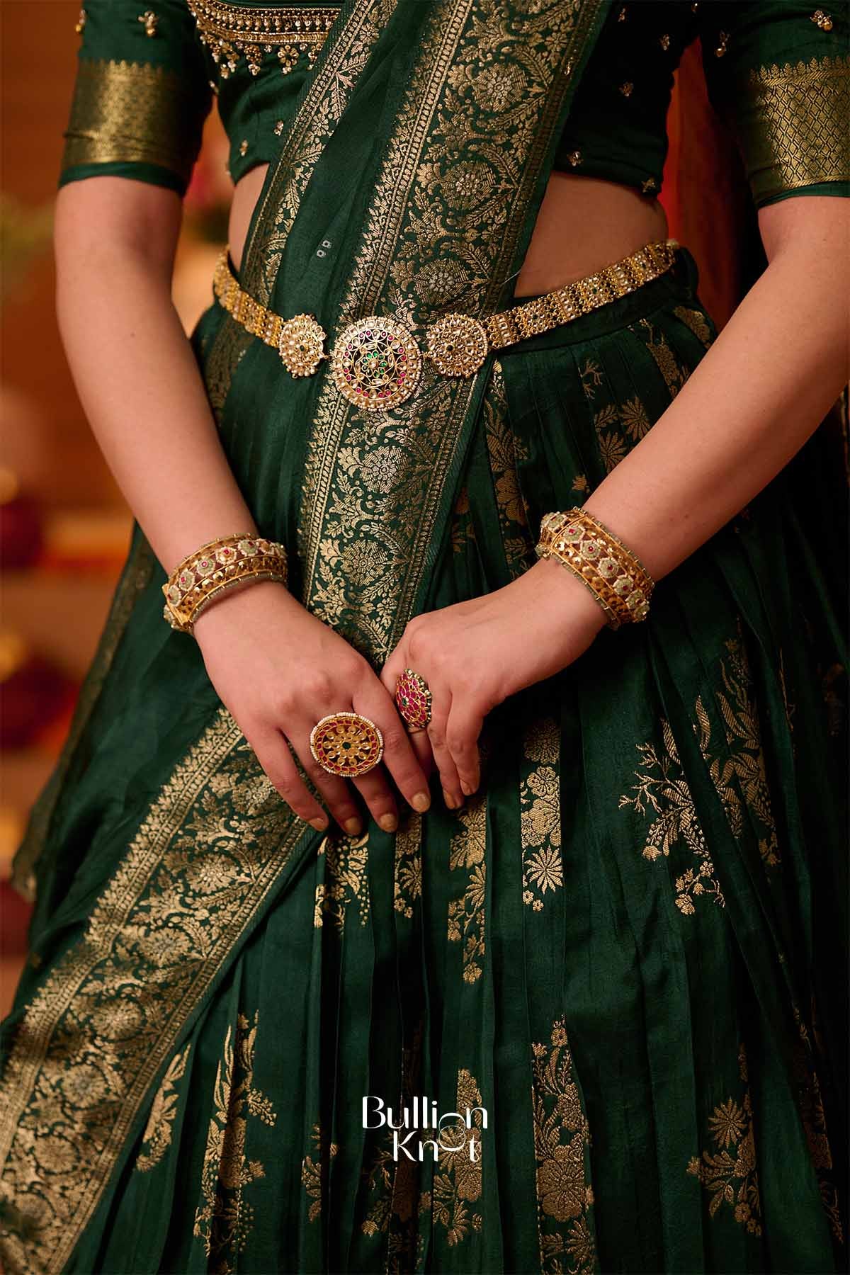 HaraZari | Viscos Bottle Green Pleated Lehenga Set for Festive