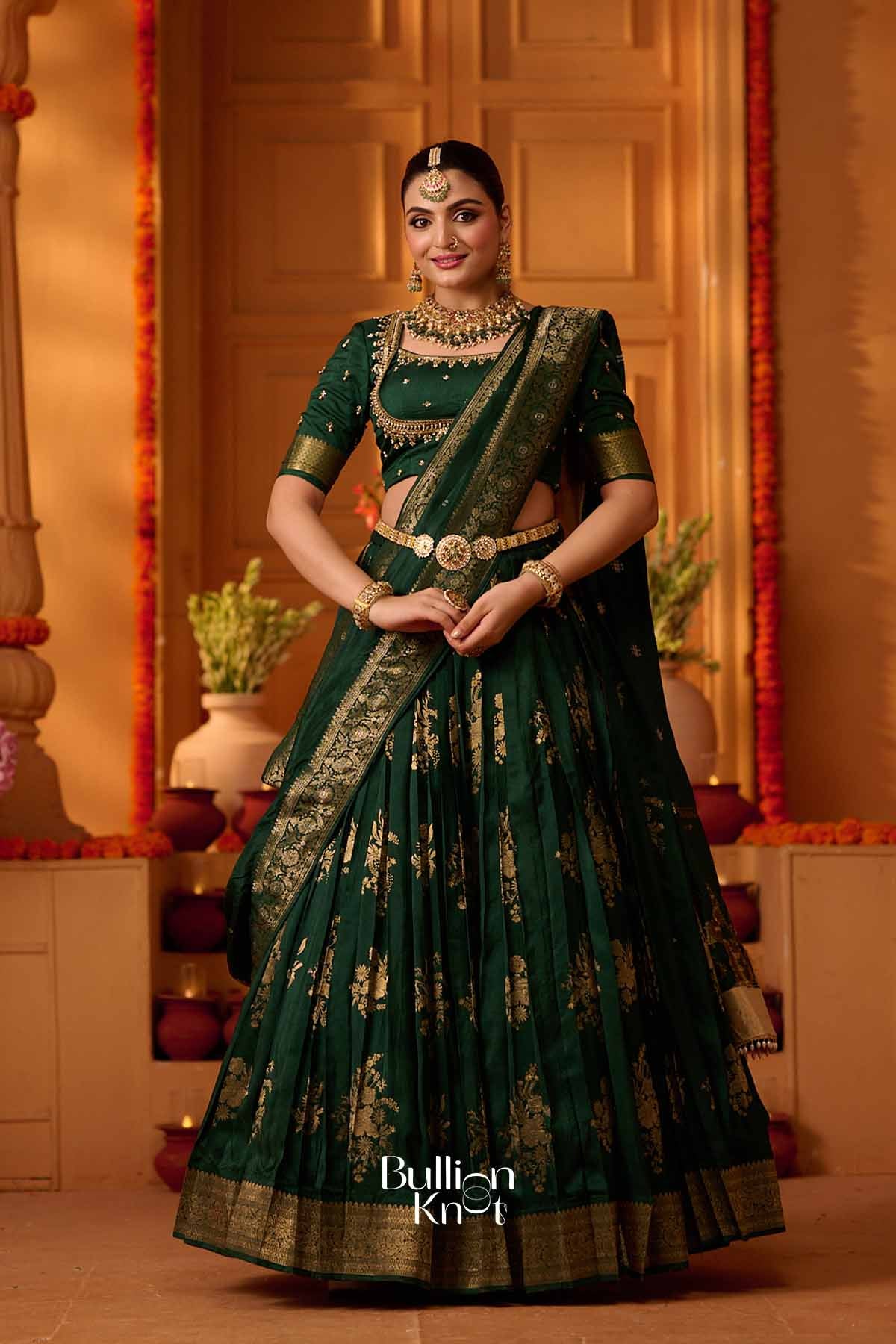 HaraZari | Viscos Bottle Green Pleated Lehenga Set for Festive