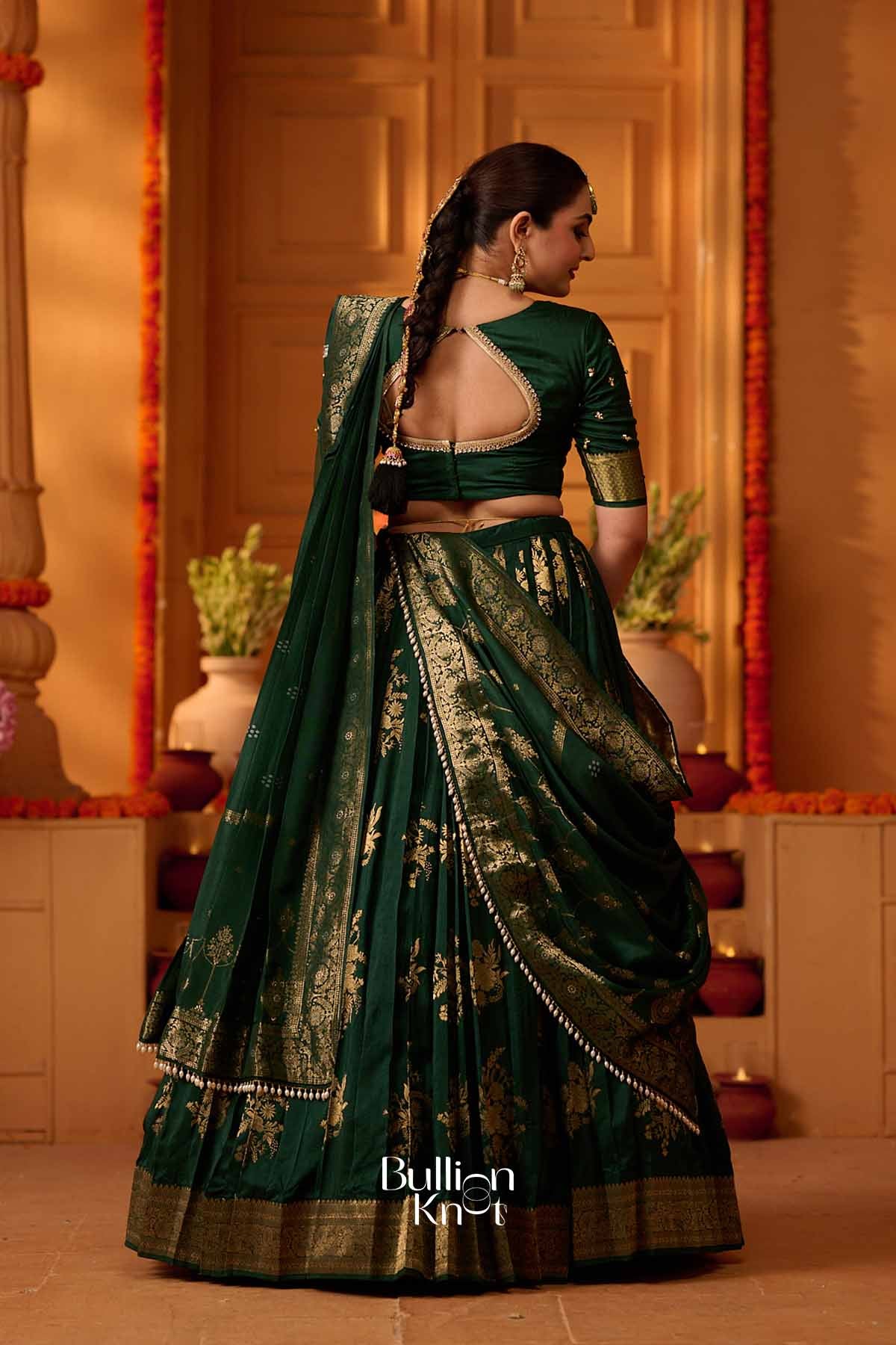 HaraZari | Viscos Bottle Green Pleated Lehenga Set for Festive