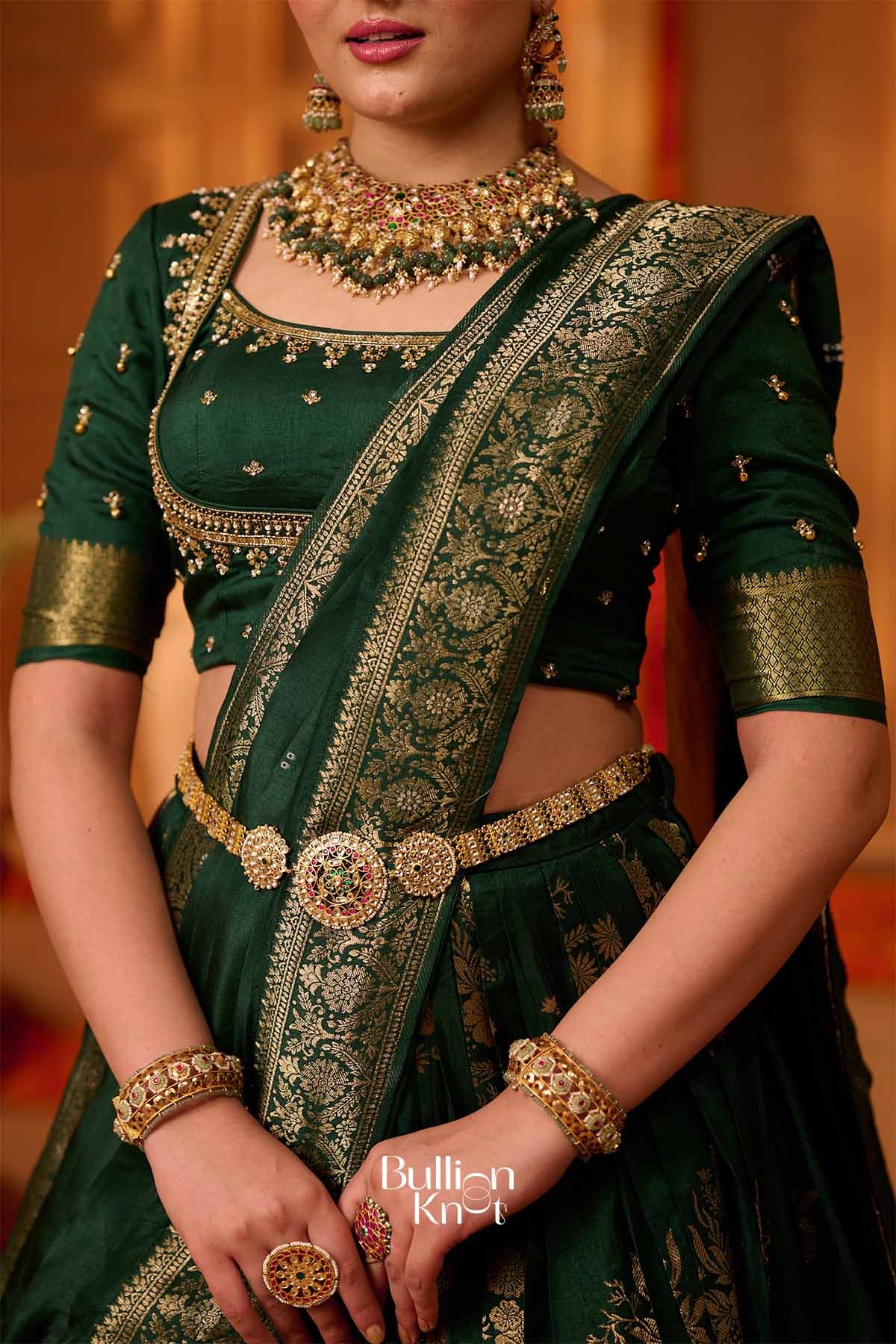 HaraZari | Viscos Bottle Green Pleated Lehenga Set for Festive