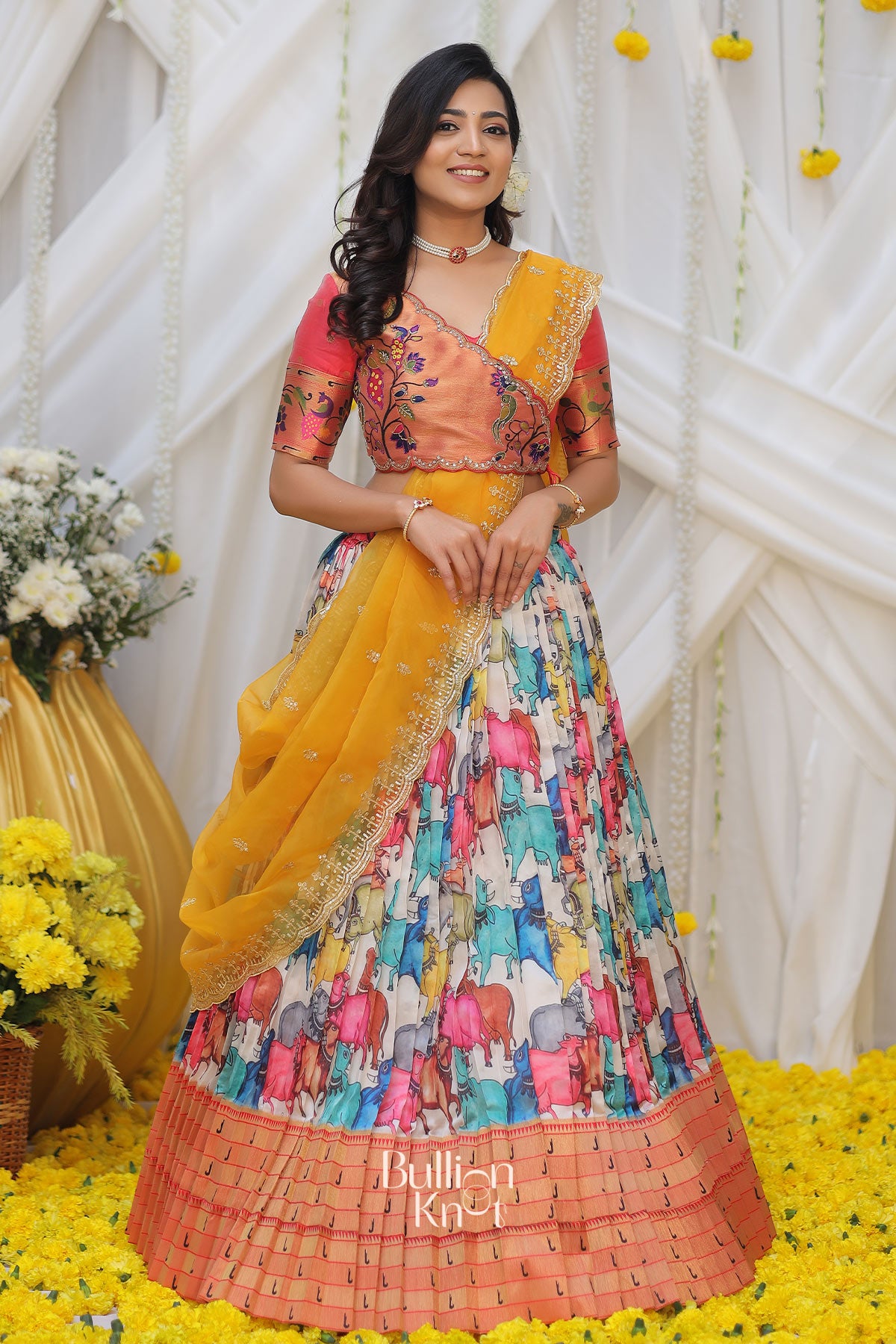 yellow gori pethani silk half saree front side view