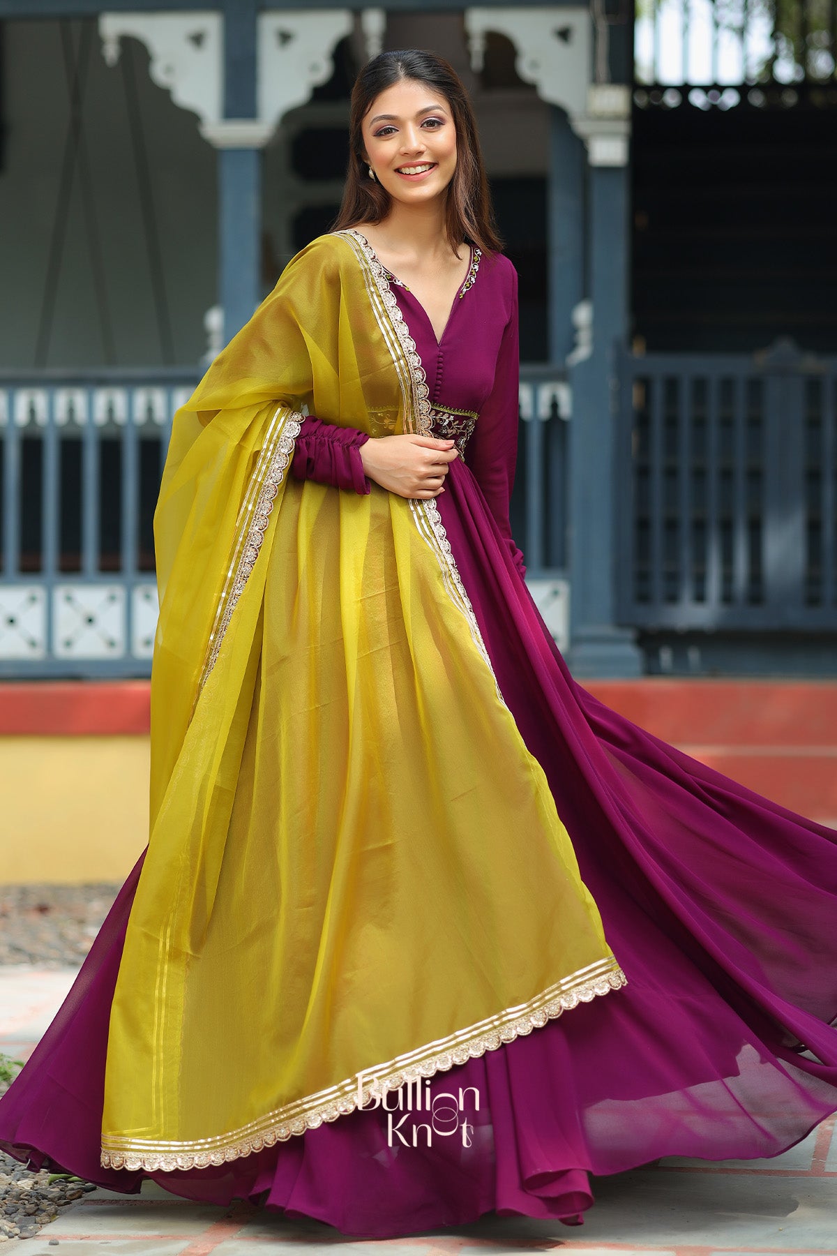 Embellishment Anarkali Suit Set in Wine