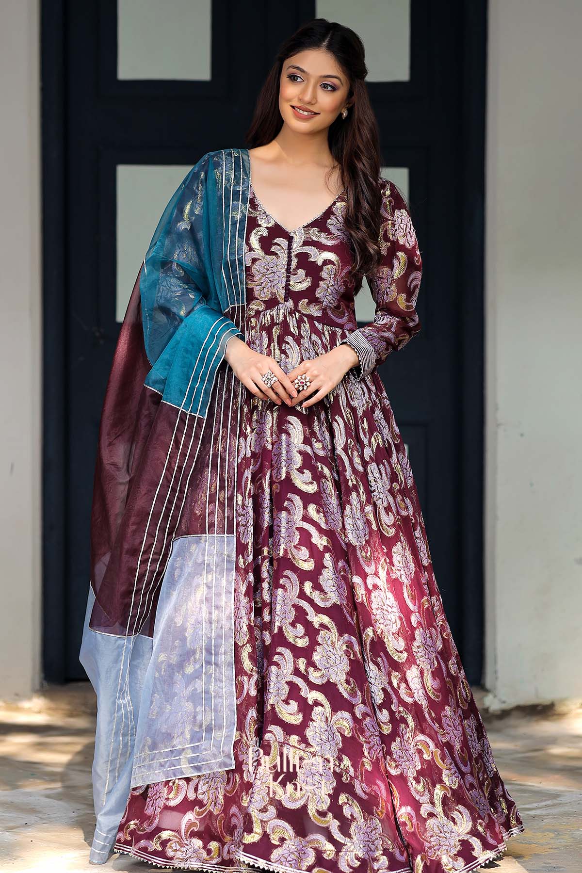 Shimmer Anarkali Suit Set in Brown Wine Ethnic Dress bullionknot