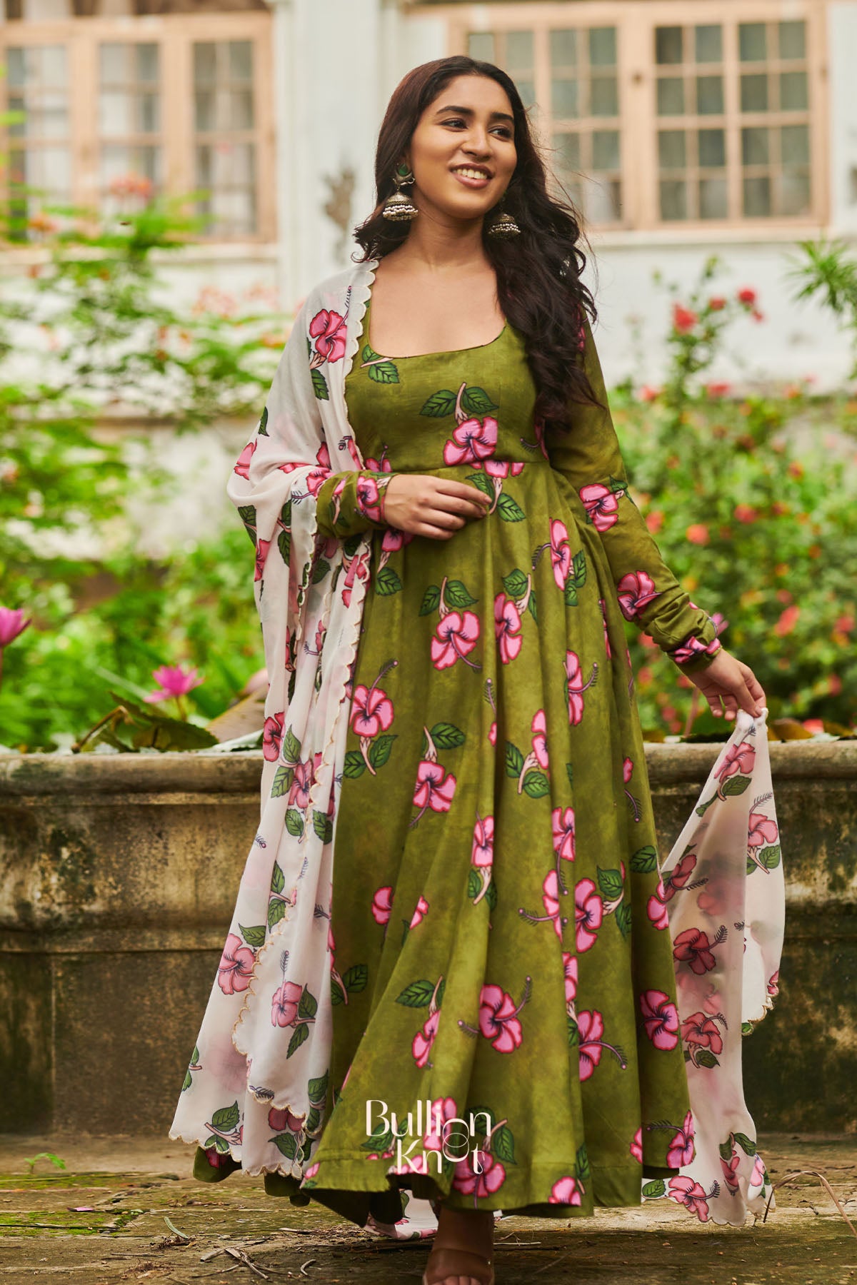 Kalamkari Anarkali Suit with Mehandi Flower