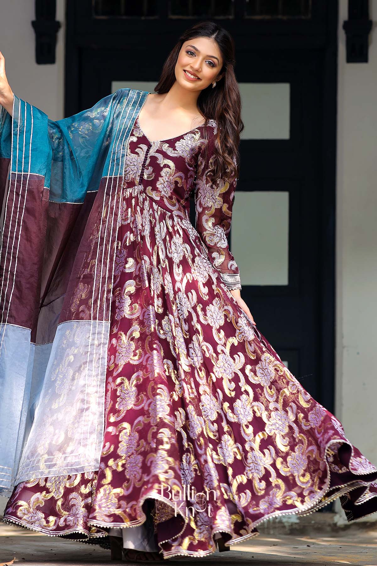 Shimmer Anarkali Suit Set in Brown Wine
