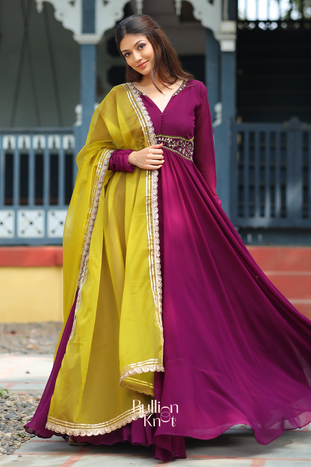 Embellishment Anarkali Suit Set in Wine