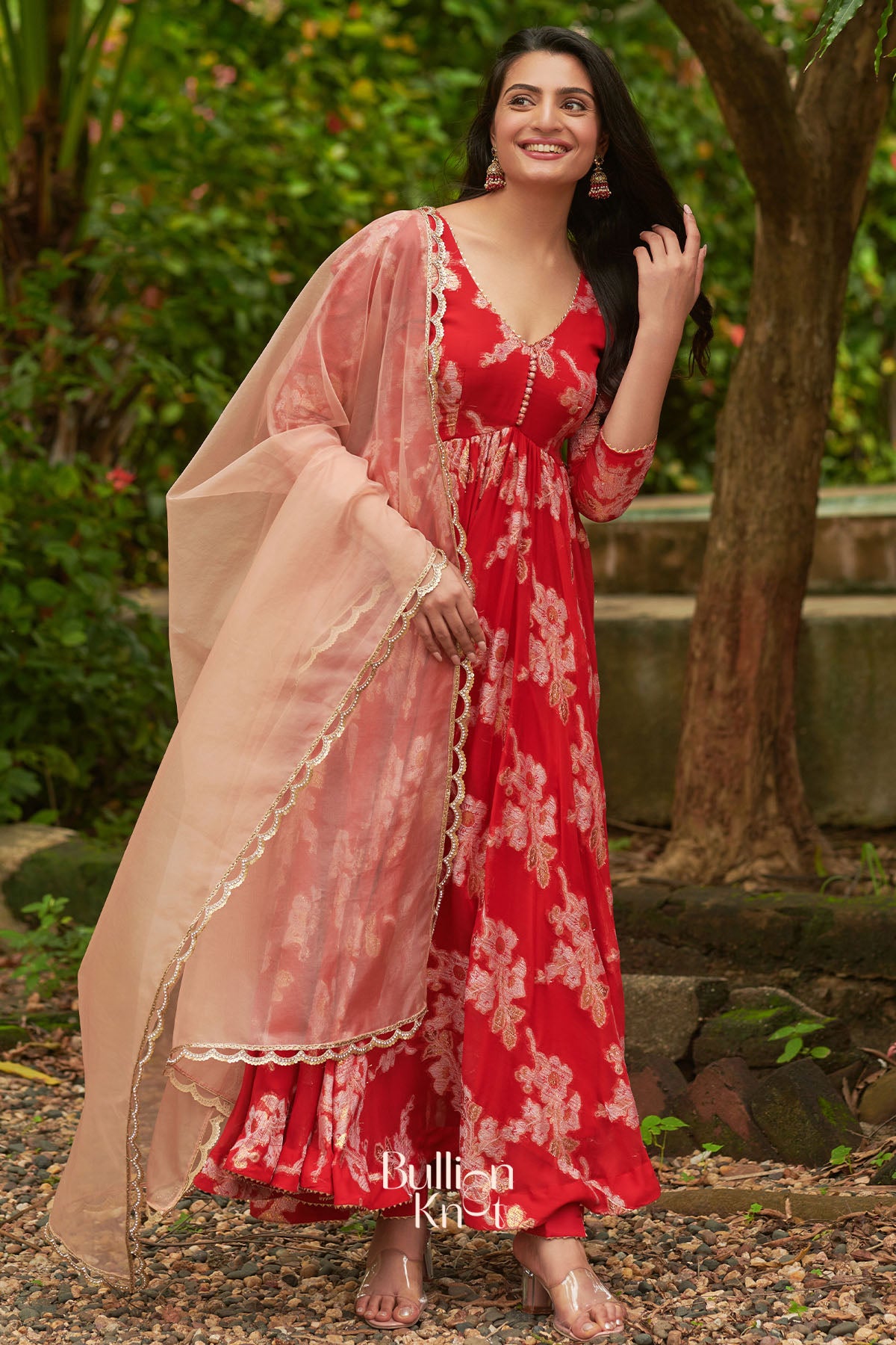 Red Atrangi Anarkali with subtle gold accents