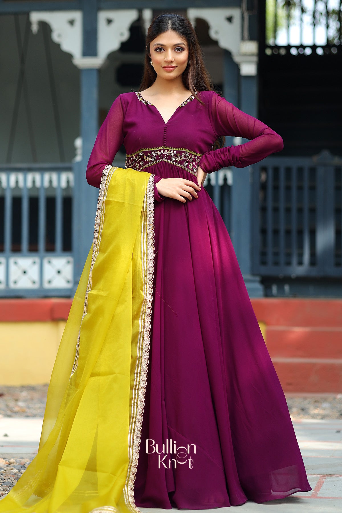 Embellishment Anarkali Suit Set in Wine
